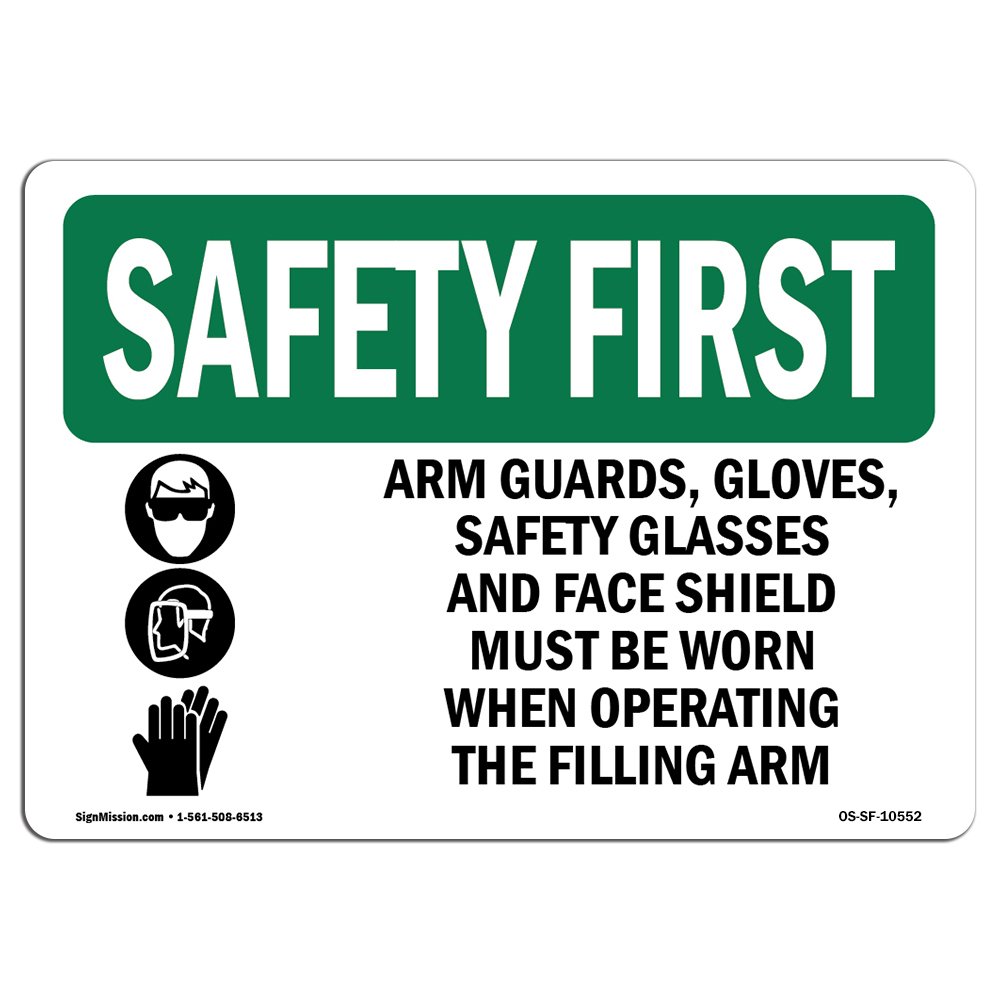 OSHA Safety First Sign - Protective Arm Guards, Gloves & Safety Glasses with Warning Symbols | Durable Aluminum Safety Sign for Workplace, Construction Sites & Warehouses | Made in USA | Ideal for OSHA Compliance & Hazard Awareness