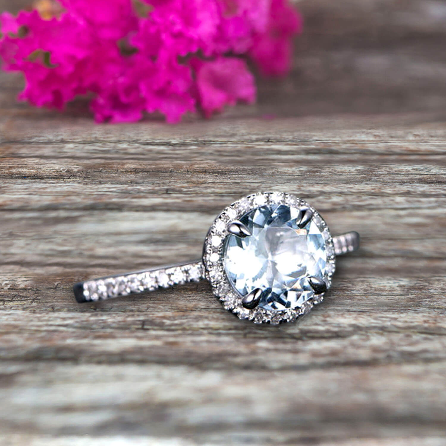 1.50 Carat Round Cut Aquamarine Engagement Ring in 10k White Gold - Art Deco Halo Design for Wedding, Proposal & Anniversary Gifts