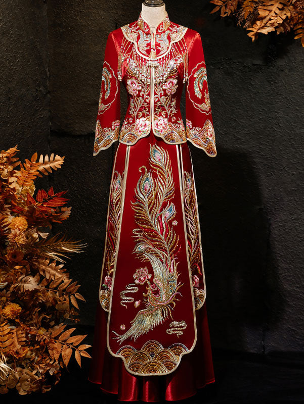 2022 Embroidered Phoenix Chinese Wedding Dress Qun Kwa - Traditional Bridal Gown with Full Maxi Skirt - Perfect for Asian Ceremonies, Tea Parties & Cultural Events