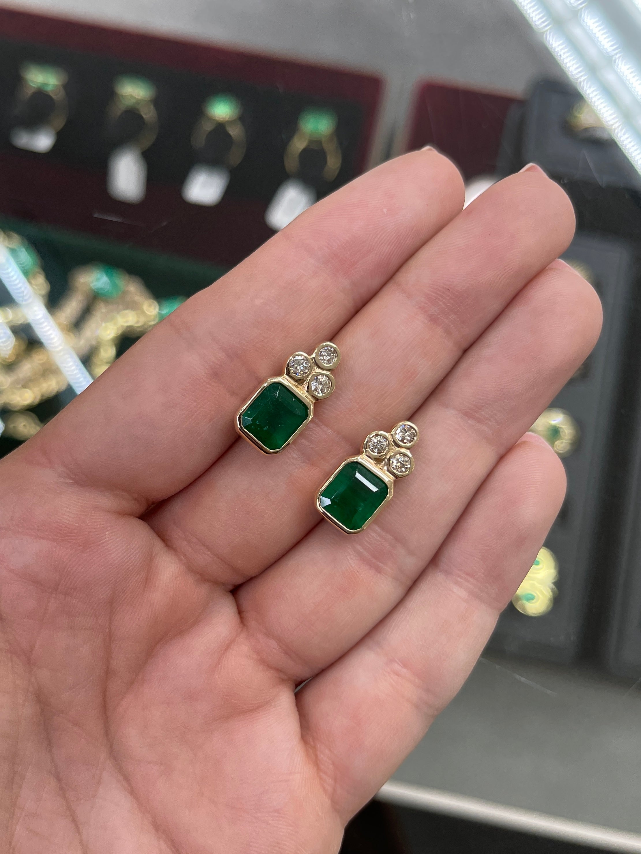 7.01tcw Natural Dark Forest Green Emerald Cut Emerald & Diamond Accent Bezel Earrings in 14K Gold - Elegant Jewelry for Weddings, Parties & Special Occasions