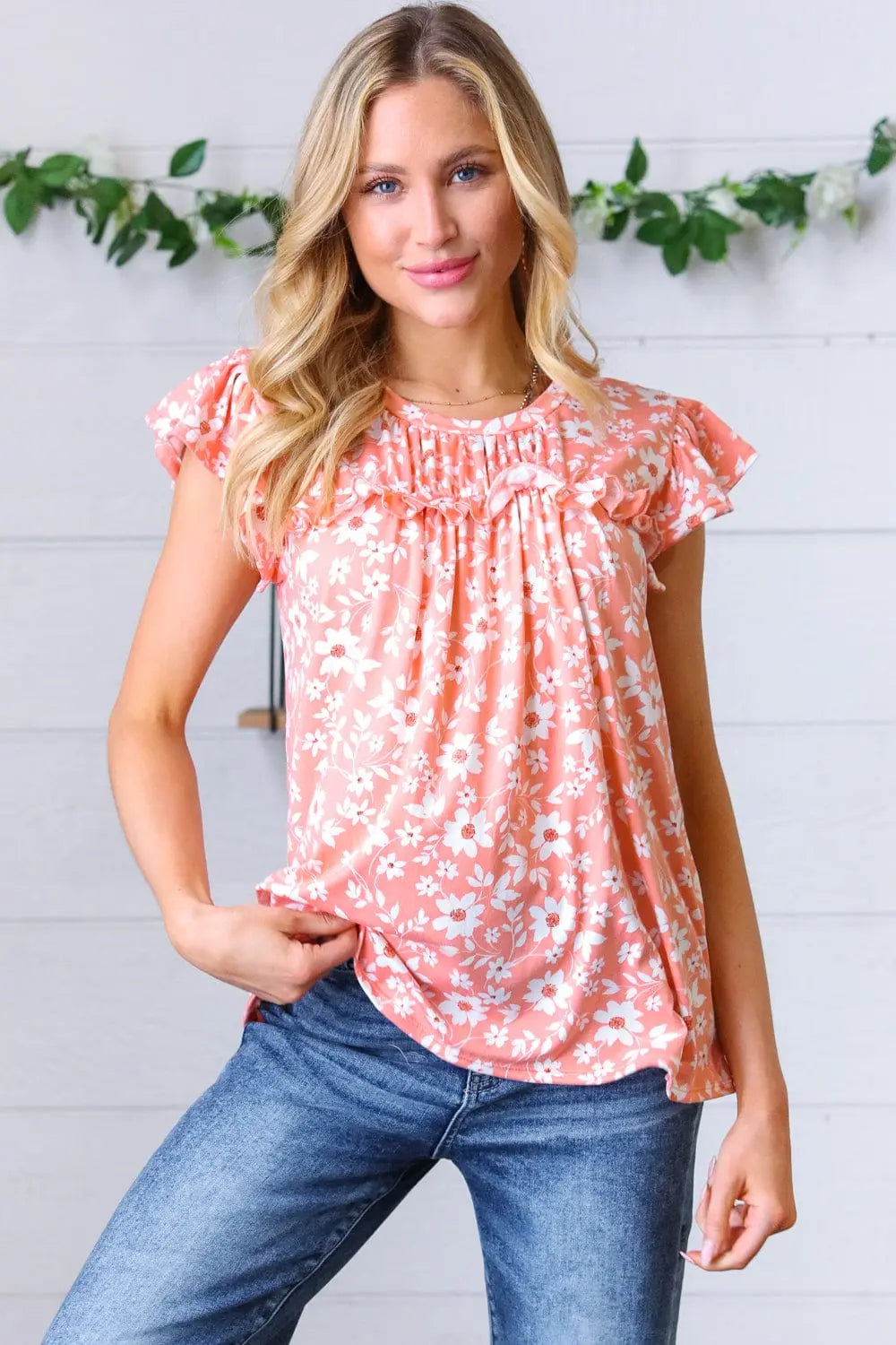 Peach Floral Print Frilled Short Sleeve Yoke Top for Women | Summer Blouse | Casual & Party Wear