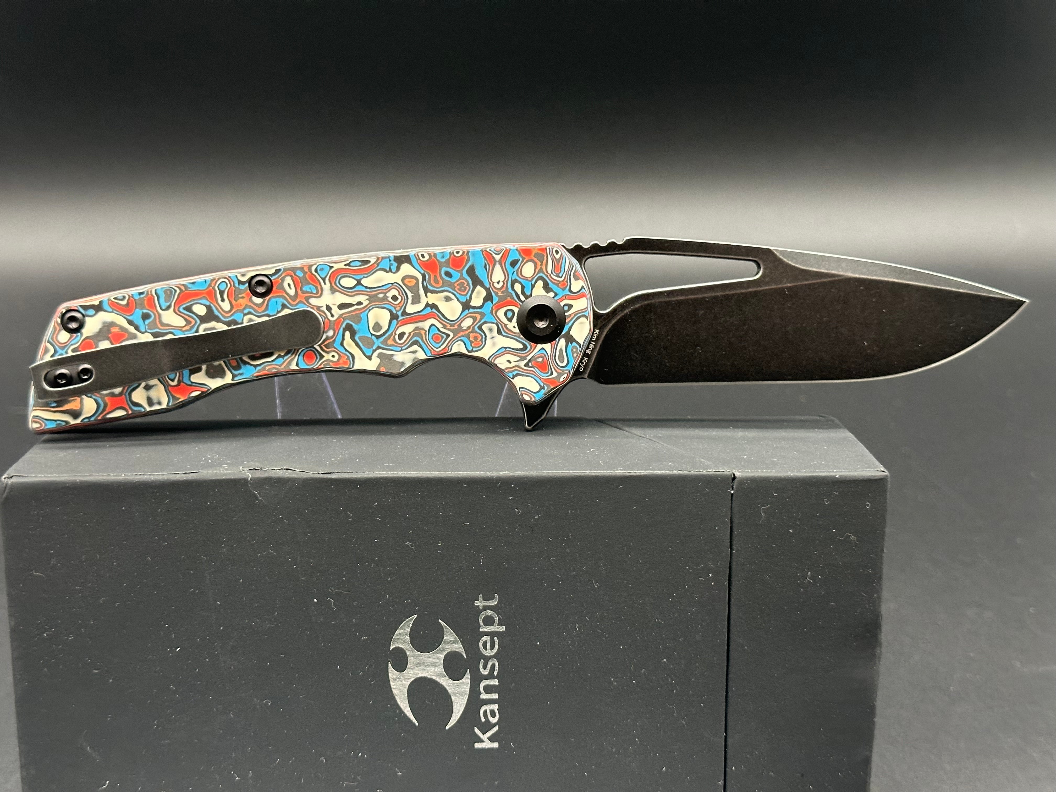 KANSEPT KRYO Folding Pocket Knife - Red/Blue/White Nebula Carbon Fiber Handle, S35VN Steel Drop Point Blade, Plain Edge Black Stonewash Finish (Model K1001M3) | EDC, Camping, Hiking & Outdoor Survival Tool