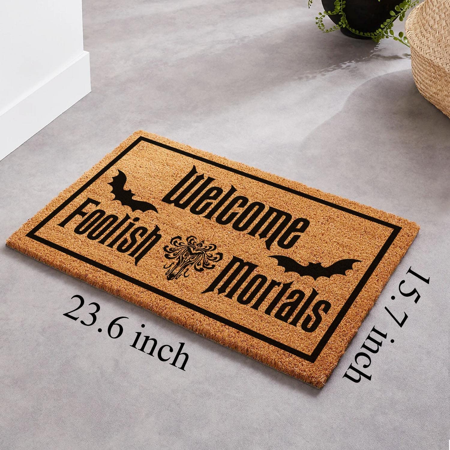 Funny Halloween Doormat - 'Welcome Foolish Mortals' Coir Entryway Rug with Non-Slip PVC Backing, 23.6x15.7 Inch - Durable Coconut Fiber Outdoor Mat for Front Porch, Haunted House Decor & Spooky Home Entrance
