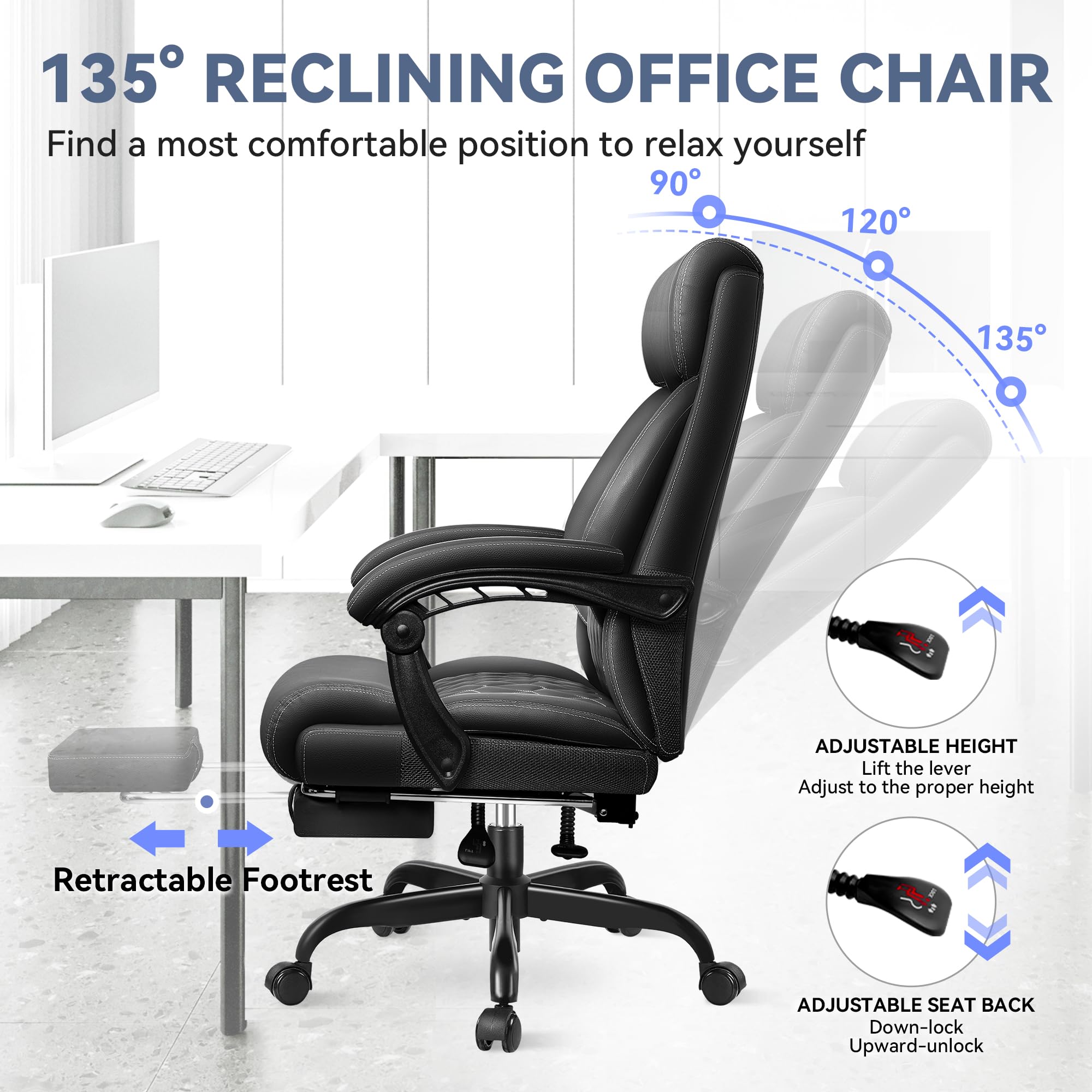 Big and Tall Office Chair with Footrest - High Back Ergonomic Executive Leather Desk Chair with Lumbar Support - Perfect for Home Office, Gaming & Workspace Comfort