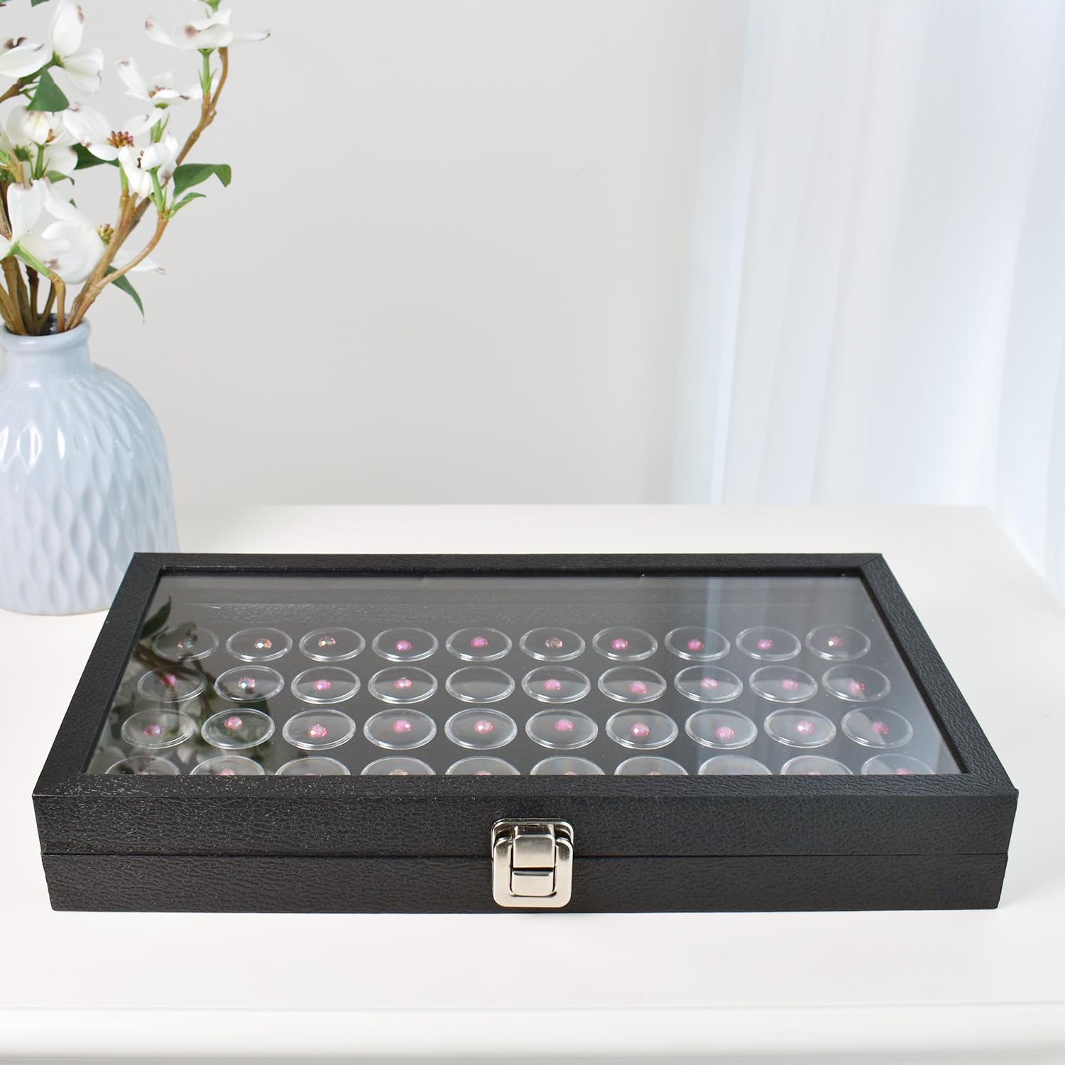 MOOCA Black Glass Top Jewelry Display Case with 50 Gem Jars - Ring Organizer Box, Necklace & Earring Storage Tray - Perfect for Jewelry Shops, Home Display & Gift Packaging