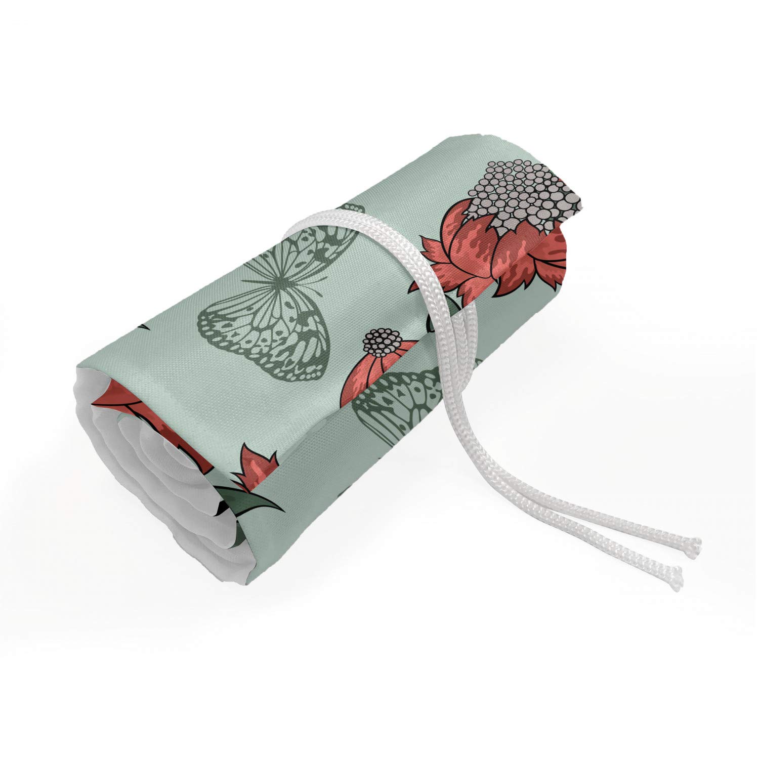 Ambesonne Floral Pencil Case Wrap Roll Holder - 72 Loop Canvas Pencil Organizer with Flower & Butterfly Design, Durable & Portable for Artists, Students (Pale Blue Coral) - Perfect for School, Office, Travel & Art Supplies Storage