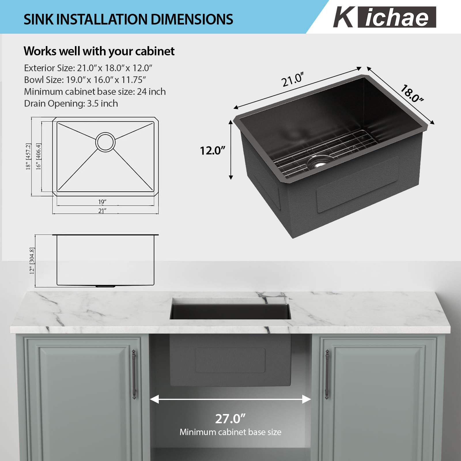 Kichae 21x18 Inch Undermount Laundry Utility Sink - 12