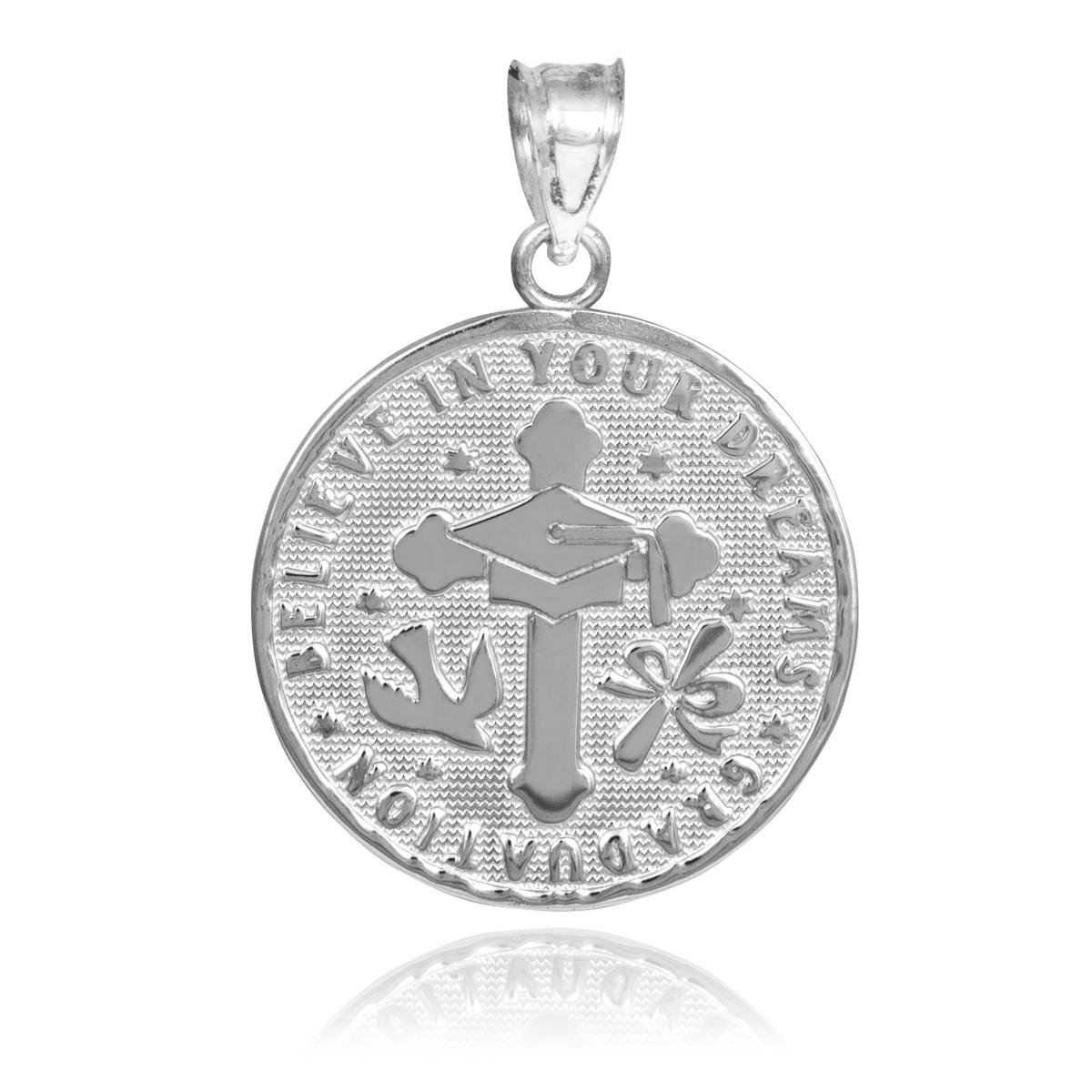 10k White Gold Reversible Graduation Medallion Charm Pendant - Elegant Jewelry Gift for Graduates, Perfect for Necklaces & Bracelets - Ideal for Commencement Ceremonies & Special Occasions