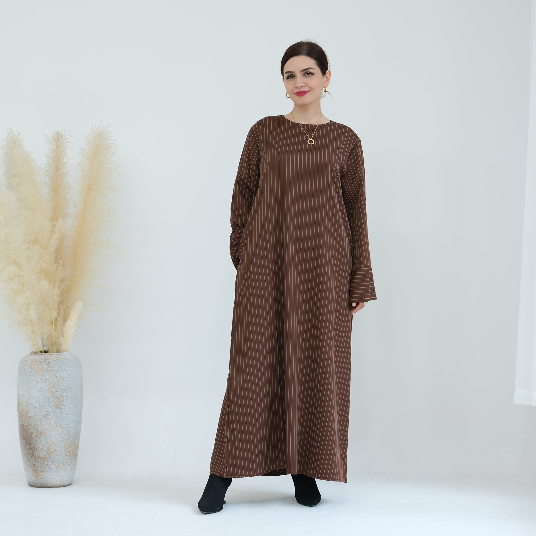 Janine Stripe Long Sleeve Belted Maxi Dress for Women - Brown Flowy Boho Dress for Beach, Wedding & Casual Outings