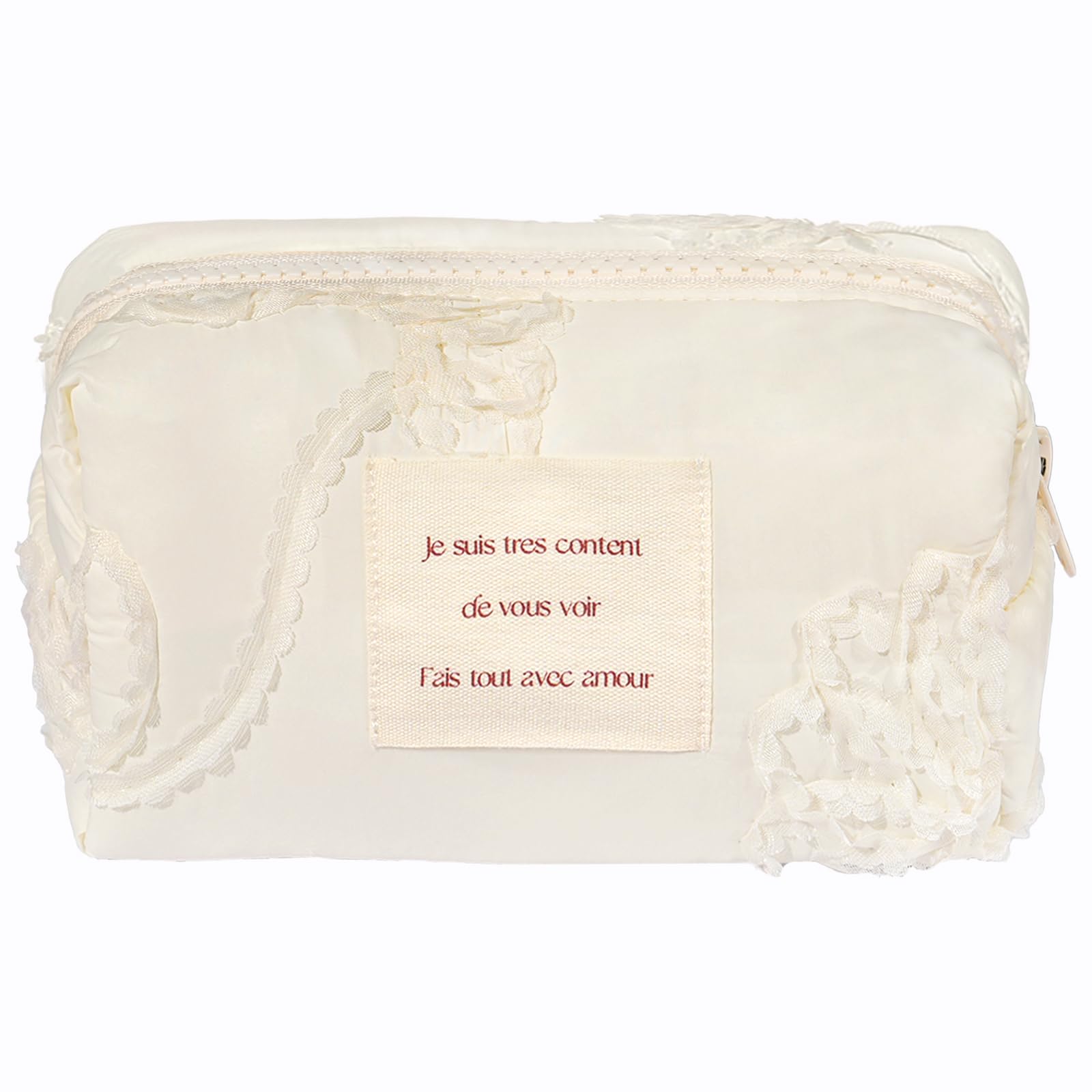 White Quilted Makeup Bag for Women - Waterproof Travel Cosmetic Organizer - Floral Design for Girls & Travel Accessories