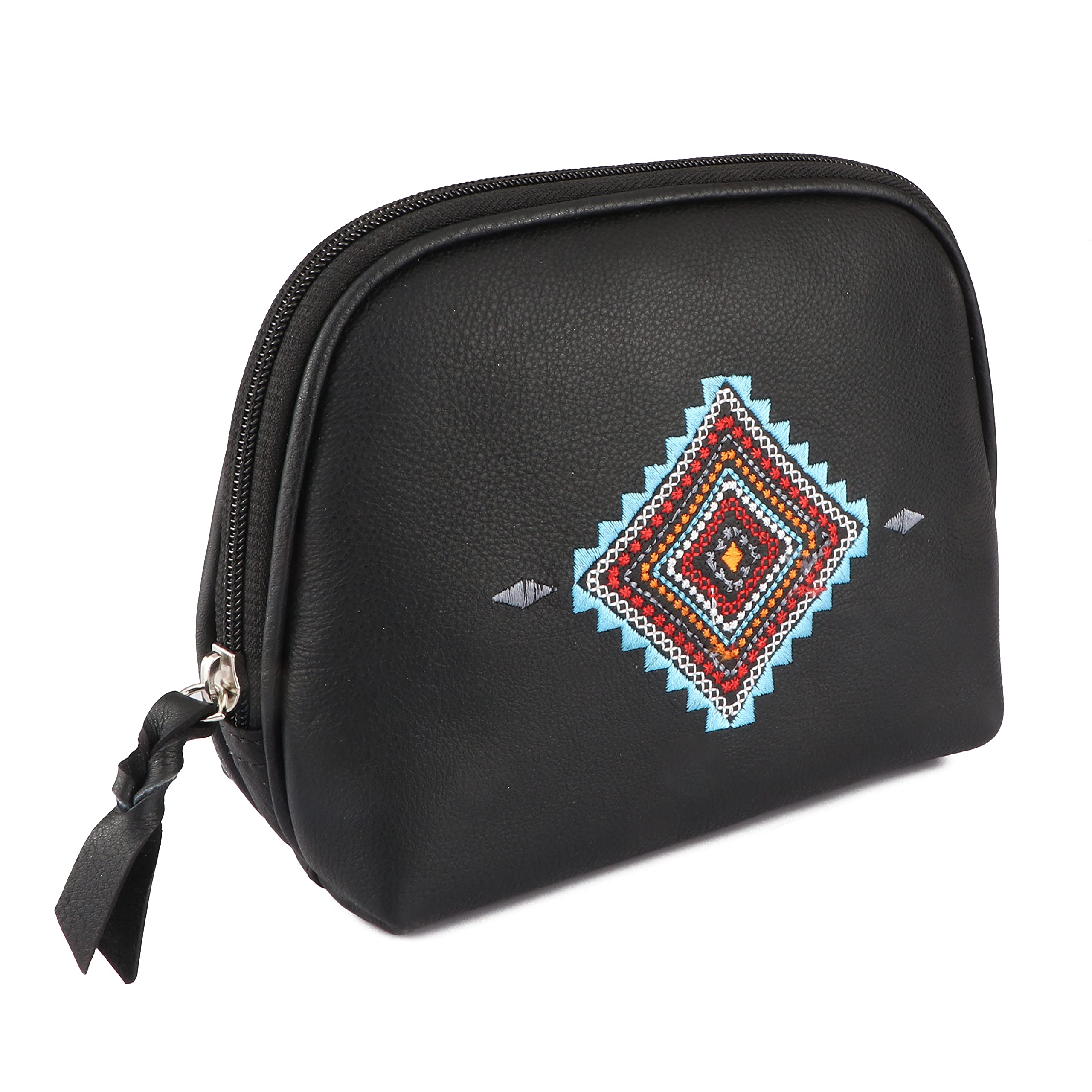 CHALLENGER Women's Black Leather Floral Embroidered Zippered Makeup Cosmetic Bag 18BT02BK - Perfect for Travel, Gifts & Organizing Beauty Essentials