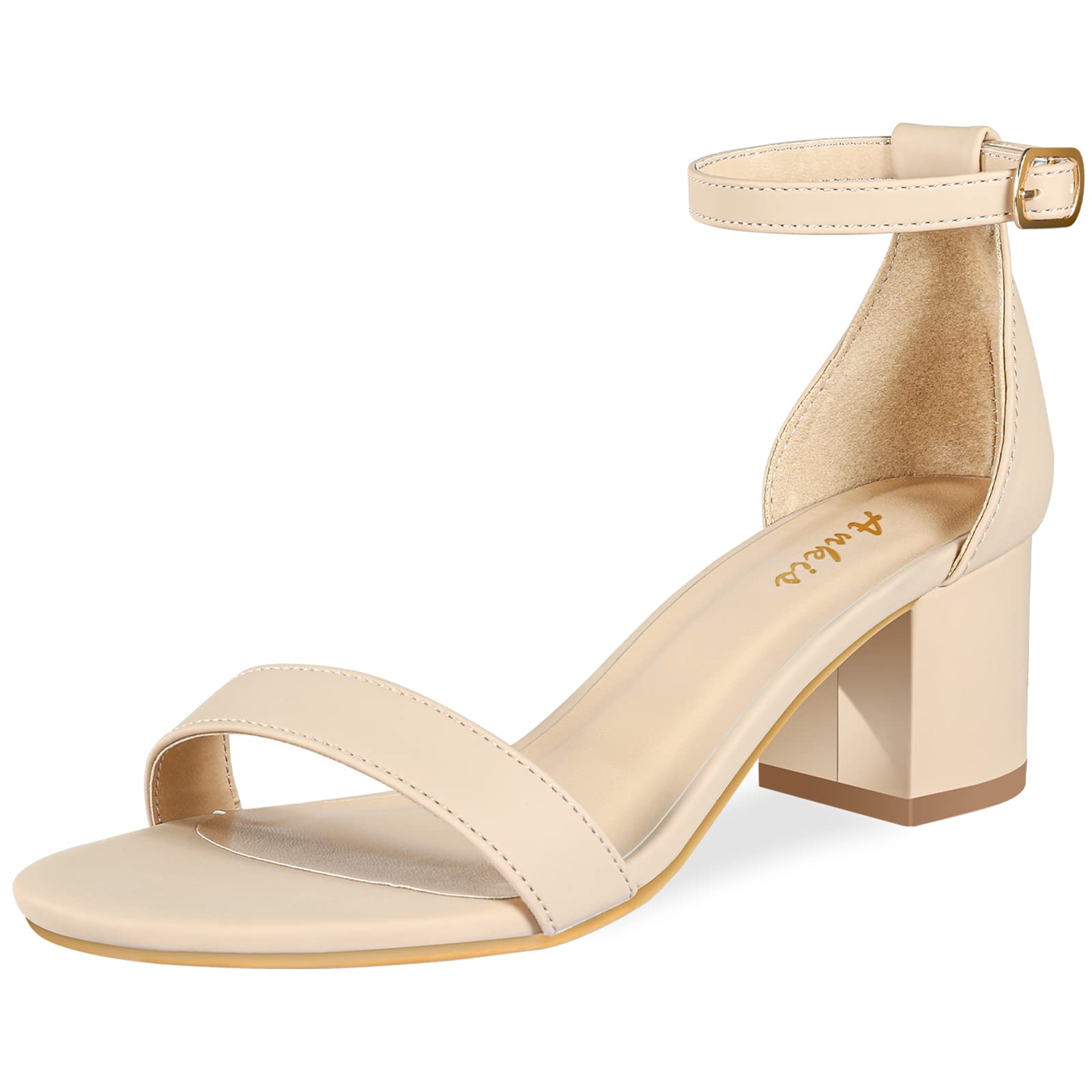 Ankis Women's Open Toe Ankle Strap Chunky Heel Sandals - Nude & Black Low Block Heels (2.25
