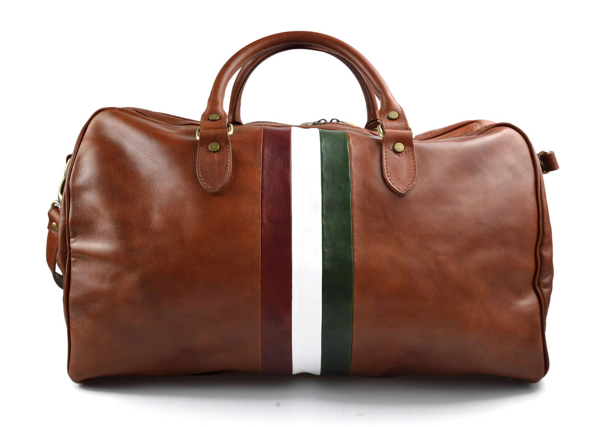 Premium Italian Leather Travel Duffle Bag for Men & Women - Weekender Gym Bag with Shoulder Strap - Honey Color & Italian Flag Design - Perfect for Travel, Gym, Work & Weekend Getaways