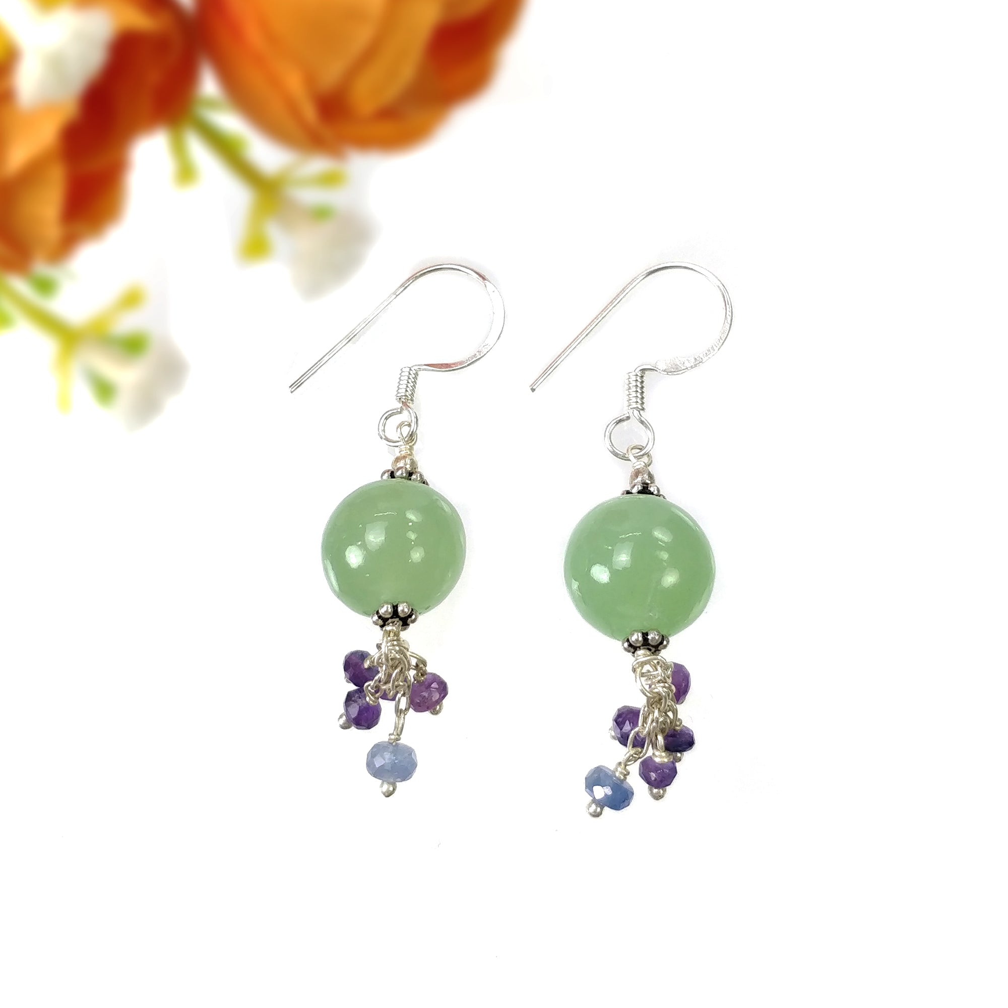 925 Sterling Silver Serpentine Blue Pink Sapphire Gemstone Beaded Drop Dangle Hook Earrings - 6.37gms Natural Stone Jewelry for Women, Gift for Her, Perfect for Parties, Weddings & Special Occasions