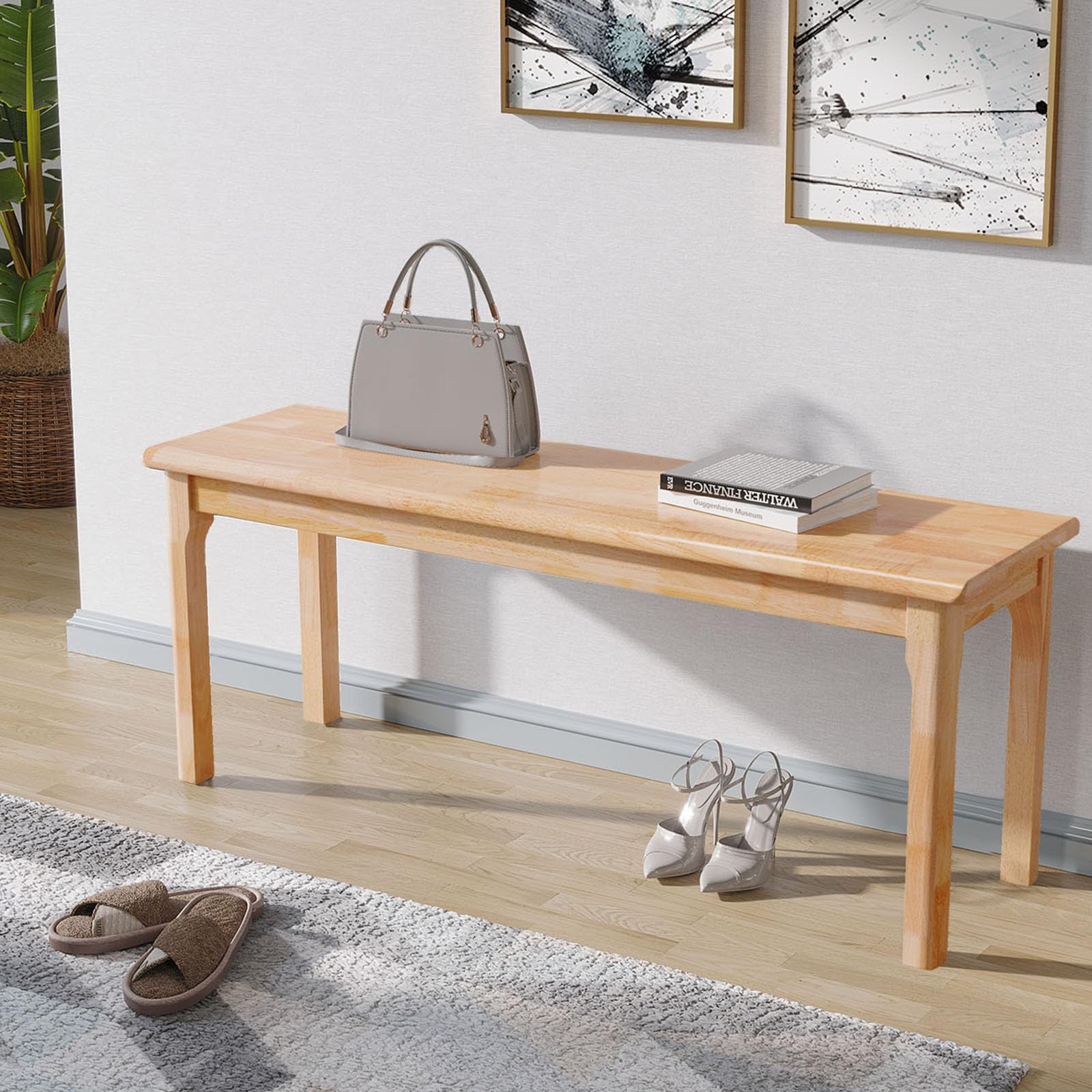 Solid Oak Wood Entryway Bench - Midcentury Modern Bed Bench, Rustic Home Decor Furniture for Bedroom, Dining Room & Outdoor Use - Natural Wooden Slab Bench for Home & Garden Decor