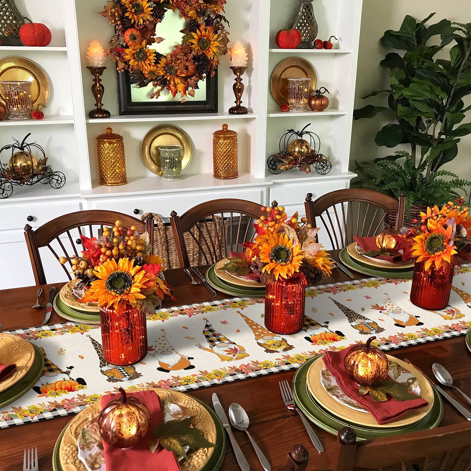 Farmhouse Cotton Linen Table Runner 18x72 Inches - Heat-Resistant Holiday Dining Table Decor for Thanksgiving, Christmas, Wedding & Party - Sunflower Pumpkin Gnome Design - Perfect for Dining Room, Buffet Table & Seasonal Home Decor