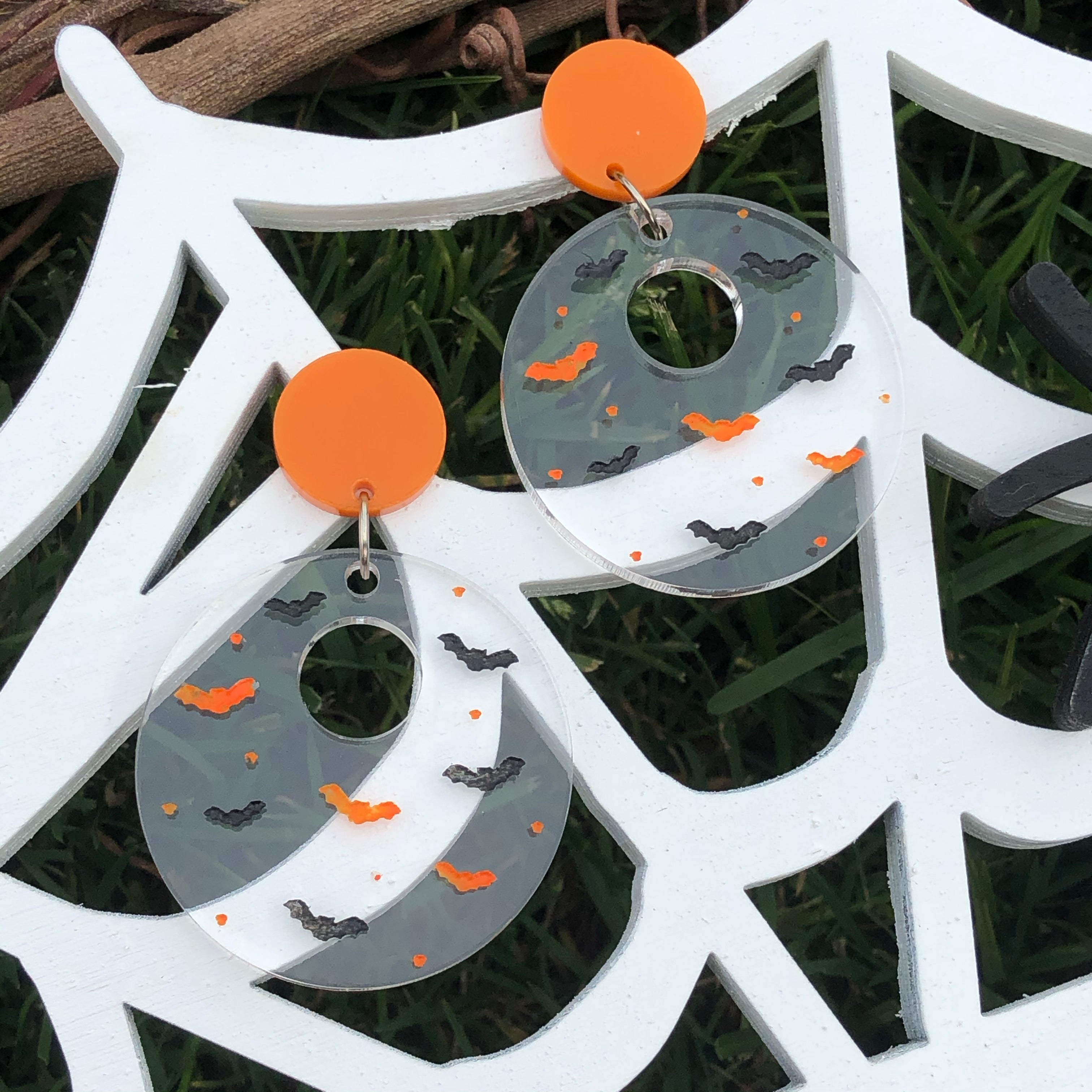 Stylish Circle Bat Silhouette Dangle Earrings - Clear Acrylic with Black & Orange Accents | Gothic Jewelry for Halloween, Cosplay & Alternative Fashion