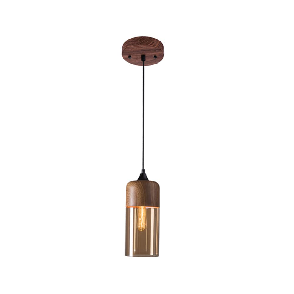 LITFAD Modern 1-Light Nordic Pendant Lamp - Walnut Wood Finish & Geometric Glass Shade - 110V-120V Hanging Ceiling Light for Cafe, Kitchen Island, Dining Room & Living Room Decor