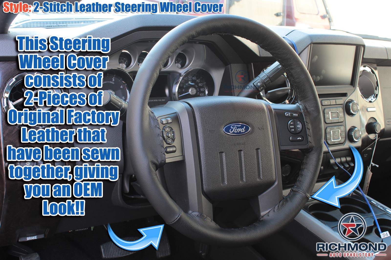 Premium Black Leather Steering Wheel Cover for 2009 Ford F250 F350 Harley-Davidson - Richmond Auto Upholstery - Perfect for Comfort & Grip While Driving