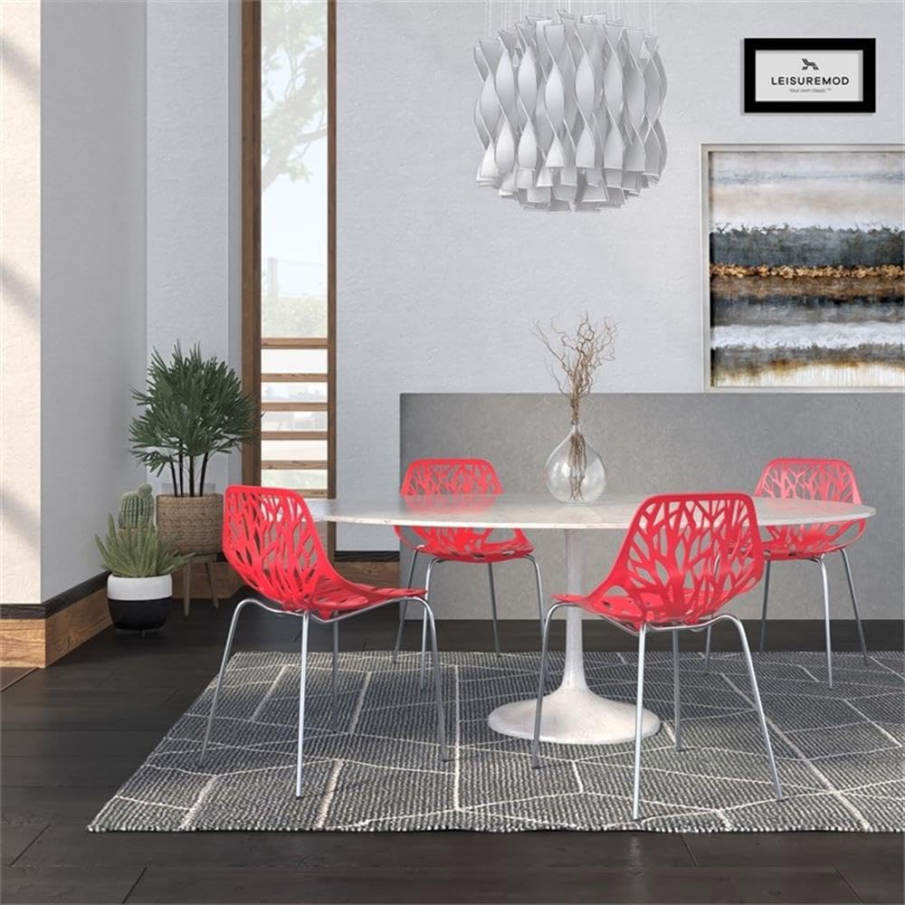 Modern Dining Chairs Set of 4 - LeisureMod Forest Side Chairs with Chrome Legs in Red | Perfect for Kitchen, Dining Room, Restaurant & Office Use