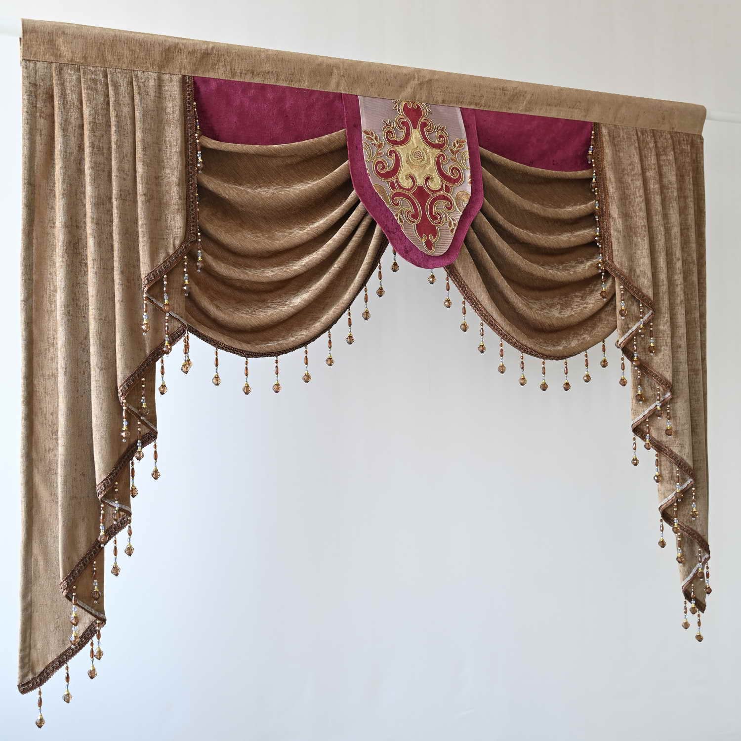European Waterfall Valances with Beads - Chenille Curtain Valance for Living Room, 1 Panel, Elegant Window Swag for Home Decor