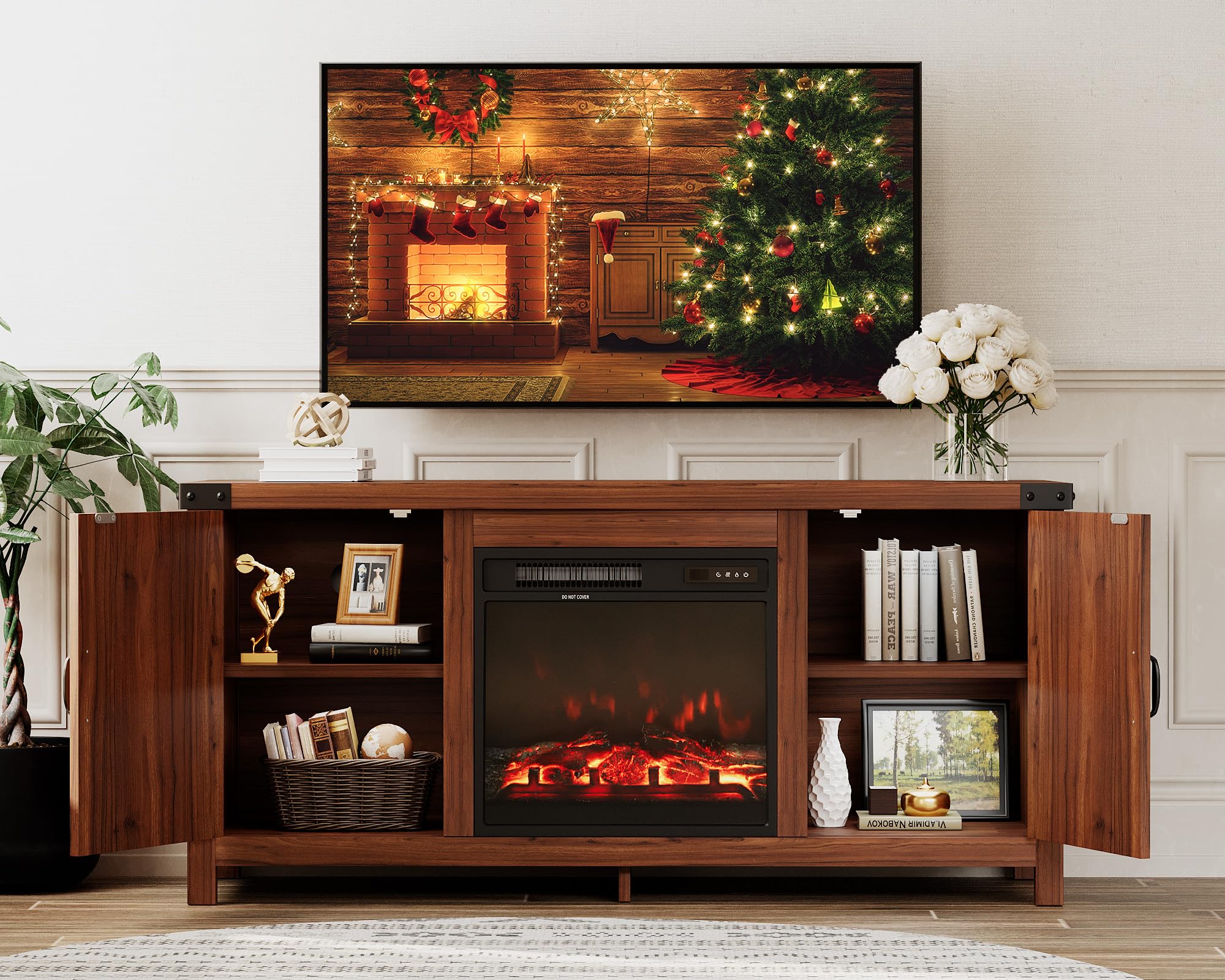 JUMMICO 65+ Inch Fireplace TV Stand with Double Barn Doors - Farmhouse Entertainment Center with Electric Fireplace & Storage Shelves - Rustic Walnut Finish for Living Room, Bedroom & Home Theater