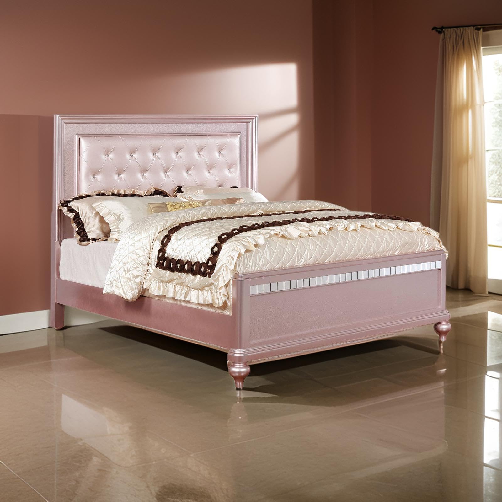 Benjara Contemporary Queen Size Wooden Bed with Mirror Trim Details in Pink - Modern Bedroom Furniture for Master Suite, Guest Room & Apartment Decor