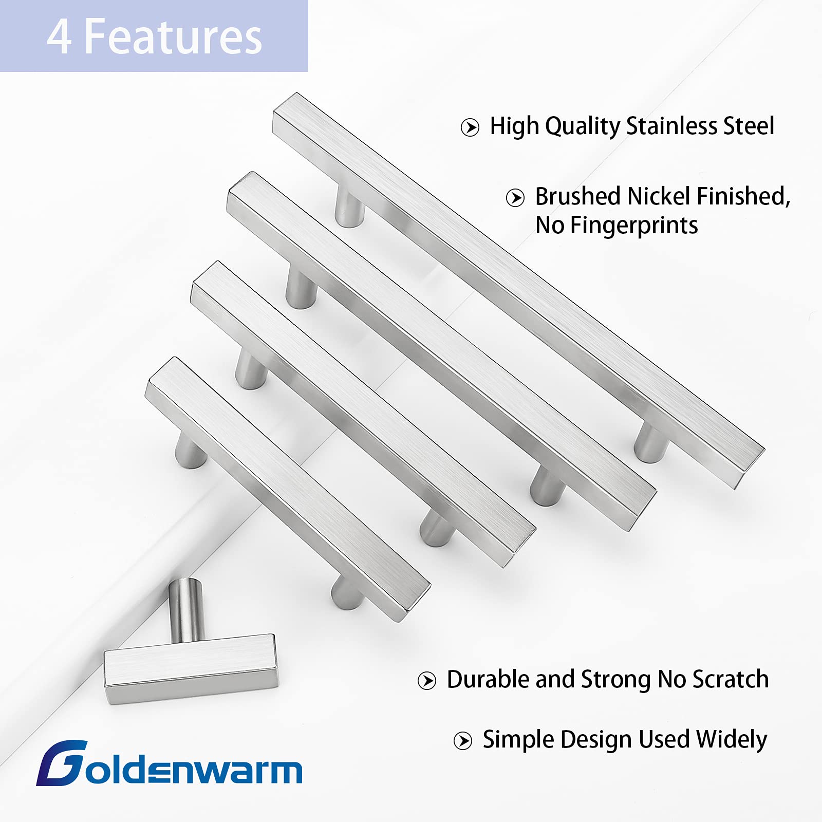 GoldenWarm 5 Inch Brushed Nickel Cabinet Pulls - 10 Pack Modern Square Drawer Handles for Kitchen Cabinets, Dressers & Furniture - Stainless Steel Hardware for Home & Office Upgrade