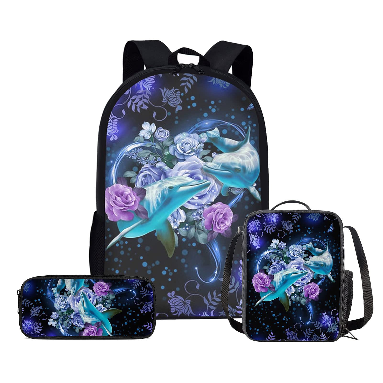 Dolphin Backpack Set for Kids with Lunch Bag & Pencil Case - 3-Piece School Backpack for Boys & Girls, Bookbag, Travel Daypack & Satchel in Rose Blue | Perfect for School, Travel & Daily Use