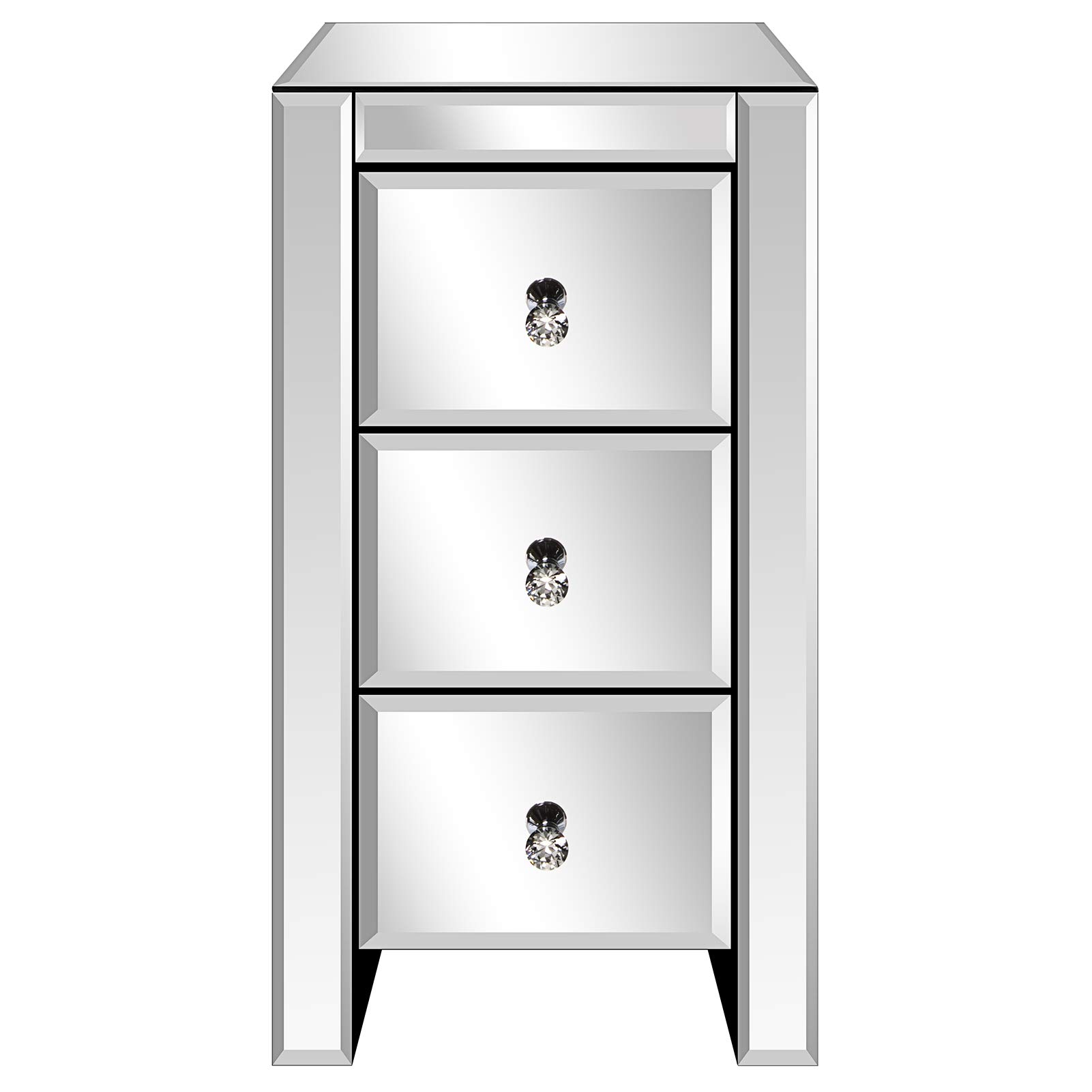 Mirrored Nightstand with 3 Drawers - Silver End Table with Crystal Handles for Bedroom & Living Room | Modern Accent Table for Bedside, Sofa Side, or Vanity Use