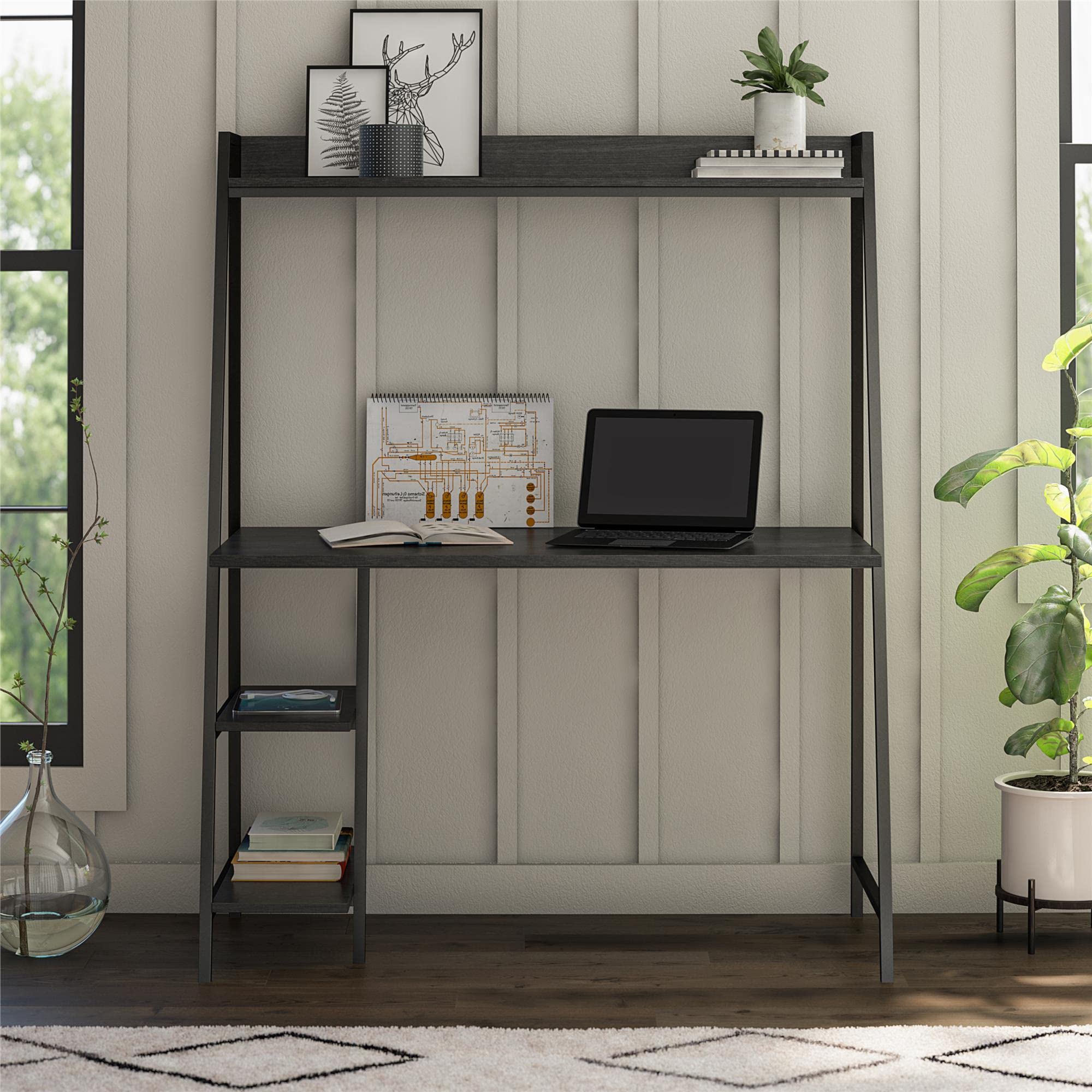Novogratz Bushwick Ladder Desk - Black Oak & Black Metal Writing Desk for Small Spaces | Home Office, Dorm Room, Studio Apartment Workstation