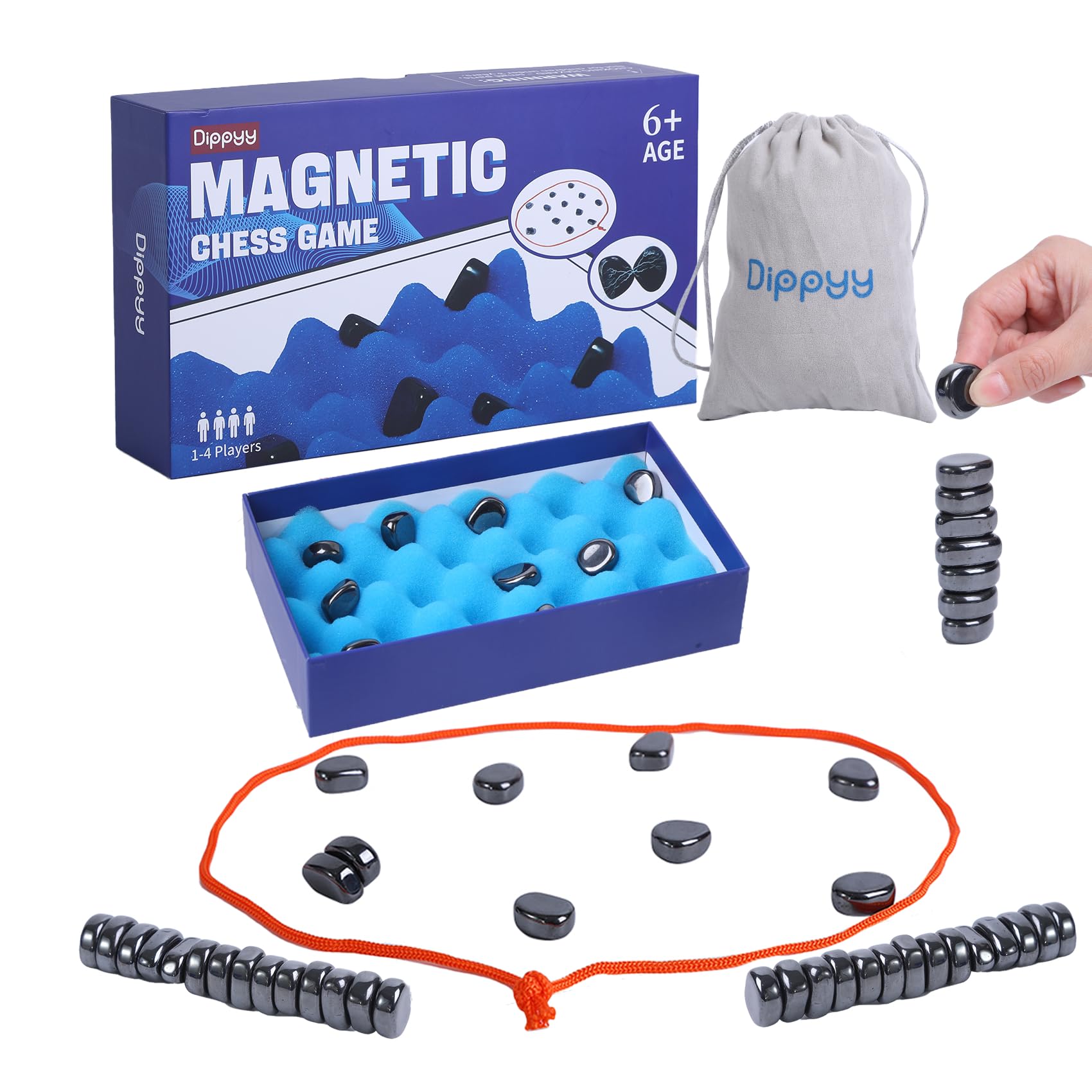 Magnetic Chess Game Set with Stones & String - Portable Travel Chess Board for Kids & Adults - 2 Ways to Play - Perfect for Road Trips, Camping & Family Game Nights