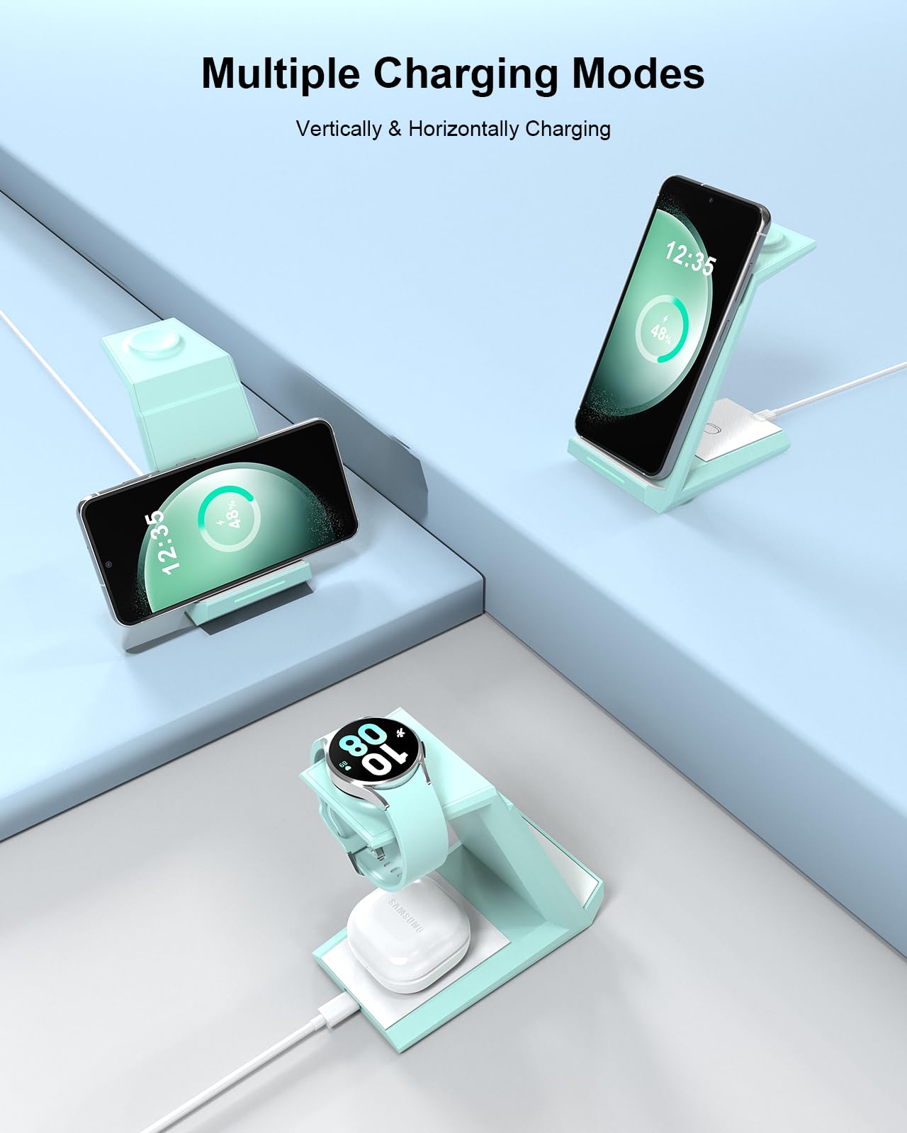 NANAMI 3-in-1 Wireless Charging Station for Samsung Galaxy S25 Ultra/S24/Z Fold/Flip 5, Fast Qi-Certified Charger Stand for Phone, Galaxy Buds & Watch 7 (Samsung Watch Only) - Perfect for Bedside, Office & Travel Charging