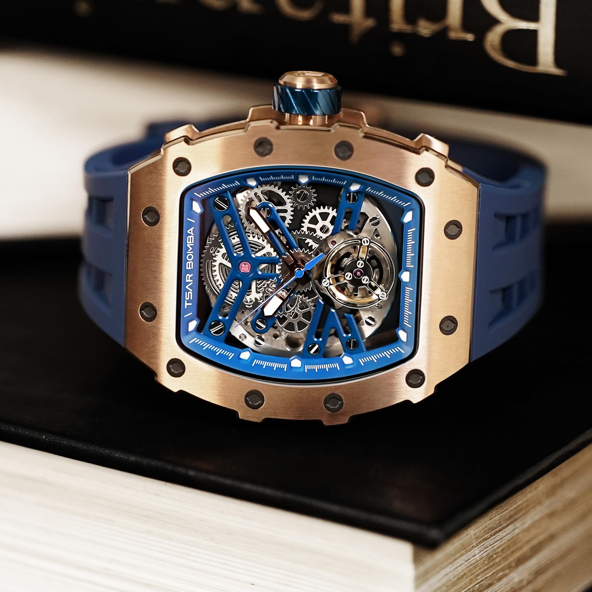 TSAR BOMBA Men's Automatic Skeleton Watch - Luxury Mechanical Tonneau Watch with 50M Waterproof, Big Square Dial & Silicone Strap - Perfect for Business, Formal Events & Everyday Wear