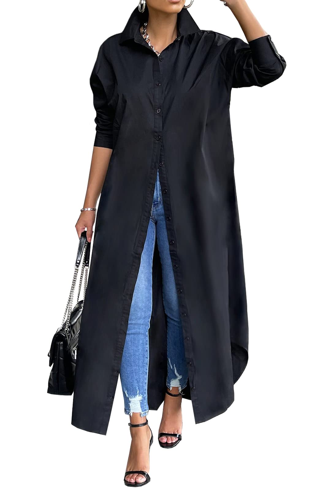Choichic Women's Casual Long Sleeve Cotton Button Down Shirt Dress - Flowy Maxi Dress for Everyday Wear, Office & Spring Outfits