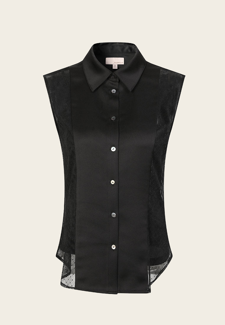 Black Satin Lace Detail Sleeveless Top for Women - Elegant Party Wear & Evening Blouse for Date Night & Special Occasions