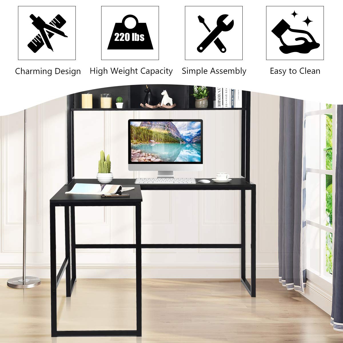 Tangkula Reversible L-Shaped Desk with Hutch - Space Saving Corner Computer Desk with Storage Shelves, Home Office Study Writing Workstation & Bookshelf - Perfect for Gaming, Remote Work & Small Spaces