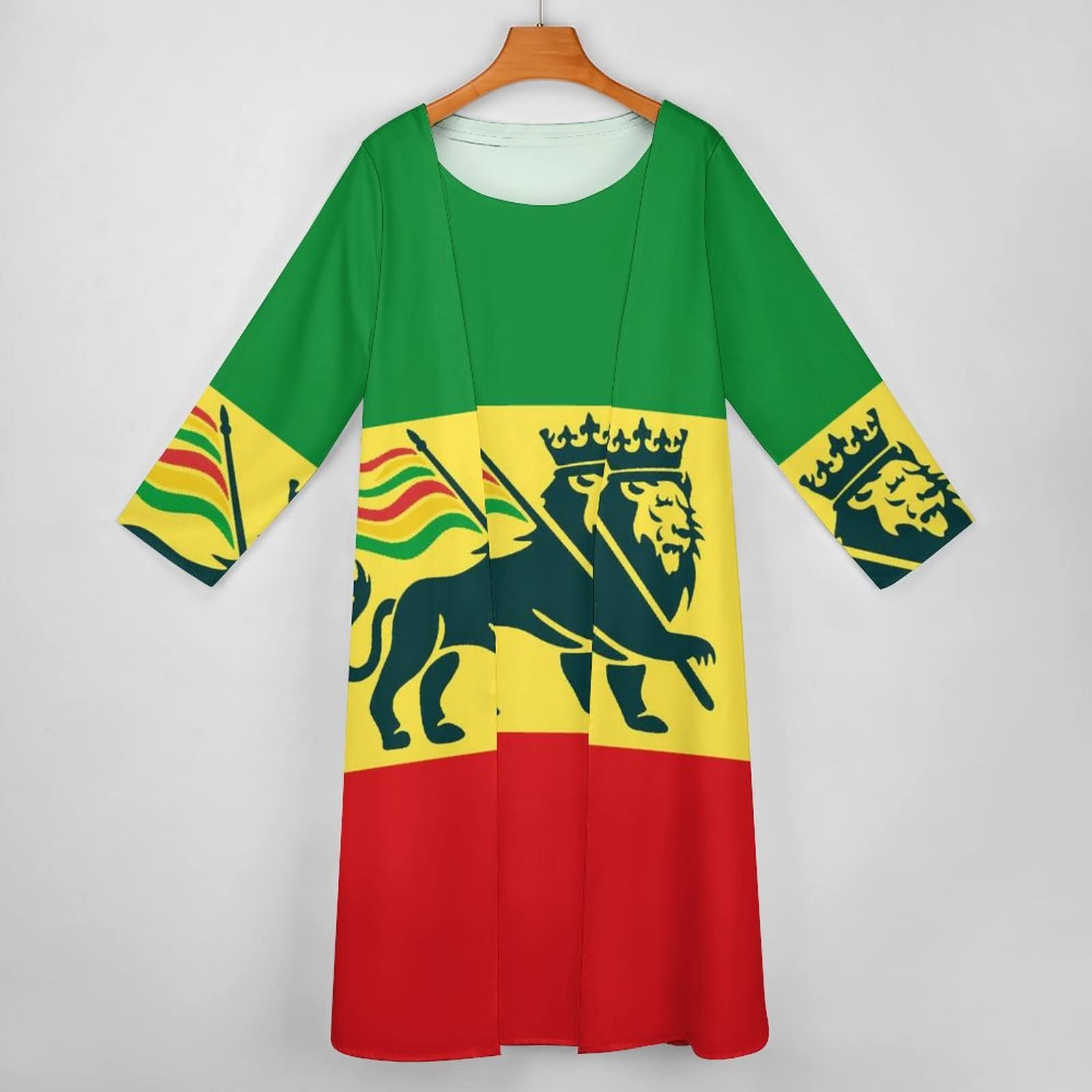 BAIKUTOUAN Ethiopian Rastafarian Lion Flag Women's 2-Piece Maxi Dress Set with Long Sleeves Cape Jacket - Elegant African Print Outfit for Party, Wedding Guest, Evening Prom & Cultural Events