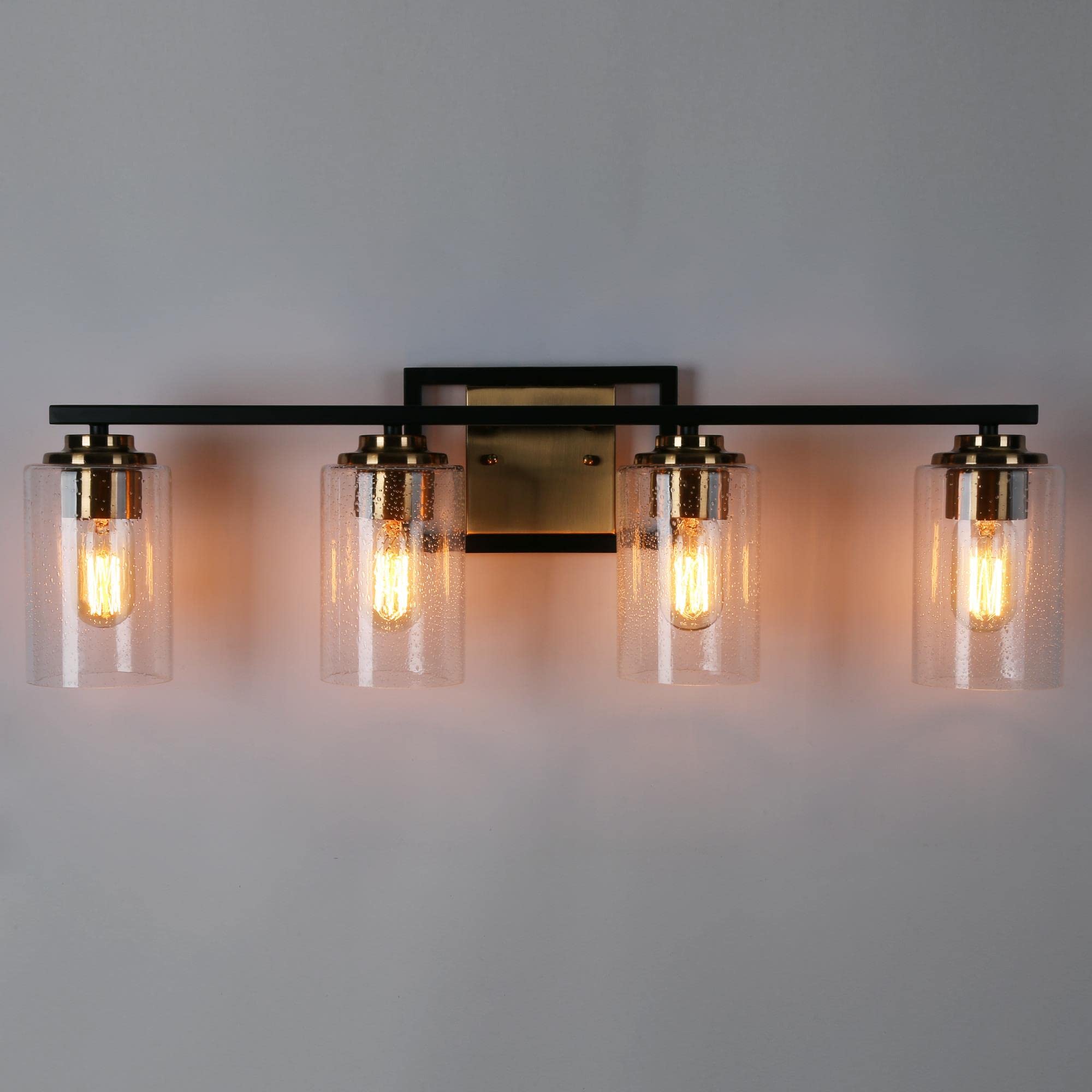 ZEVNI Modern Bathroom Vanity Light Fixture - 4-Light Black Gold Wall Sconce with Seeded Glass Shades for Mirror Lighting, 28