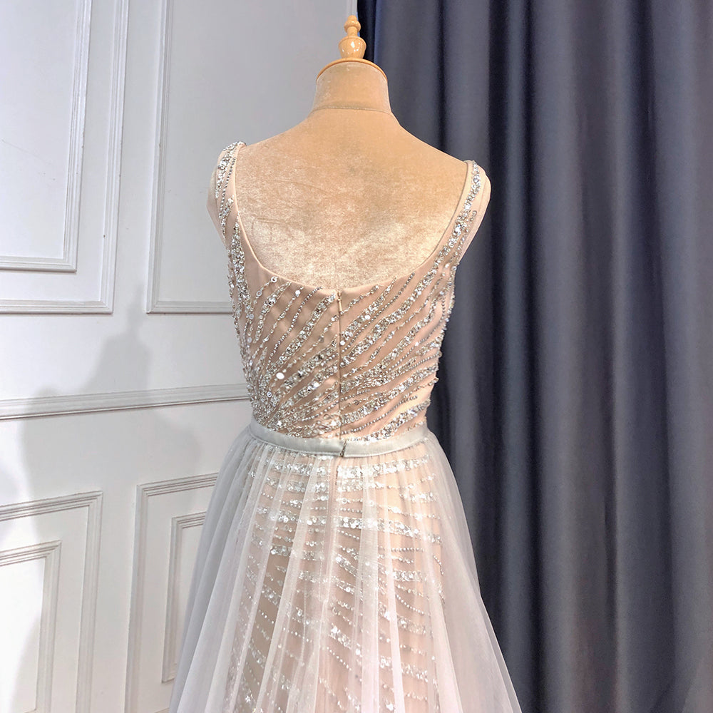 Elegant Grey Nude Mermaid Evening Dress with Detachable Skirt - Beaded Luxury Party Gown for Women 2025 | Perfect for Prom, Wedding Guest & Formal Events