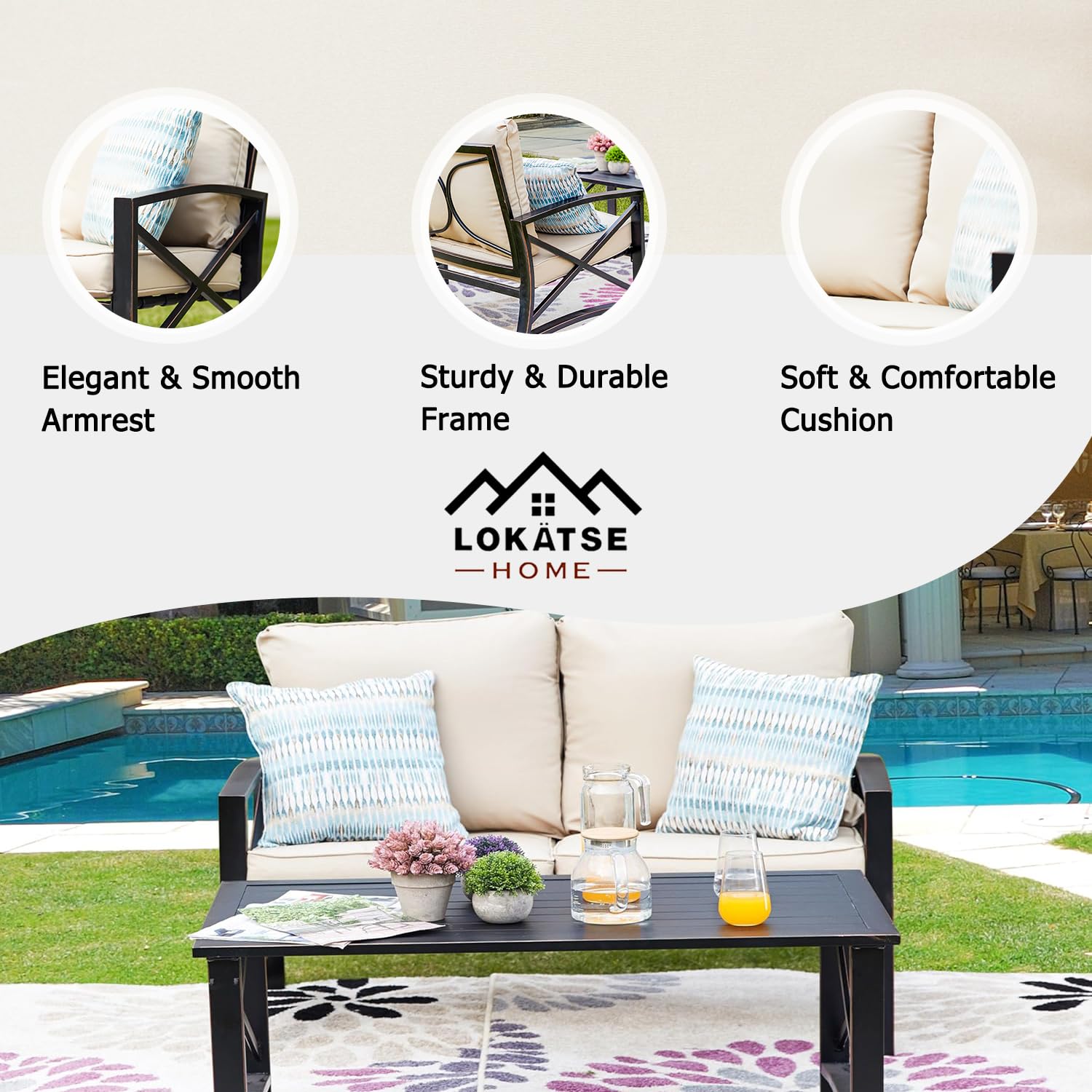 LOKATSE HOME 2-Piece Outdoor Loveseat Set with Cushions & Coffee Table - Durable Metal Patio Conversation Furniture for Garden, Backyard, and Poolside Relaxation