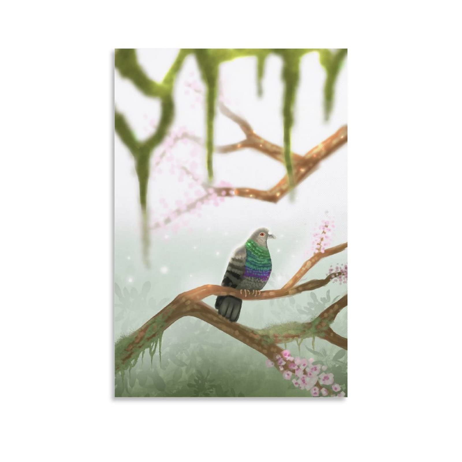 Ruowang Pigeon on Tree Watercolor Painting - 08x12inch (20x30cm) Canvas Wall Art Poster for Bedroom, Living Room & Office Decor - Nature Inspired Forest Bird Animal Plant Artwork