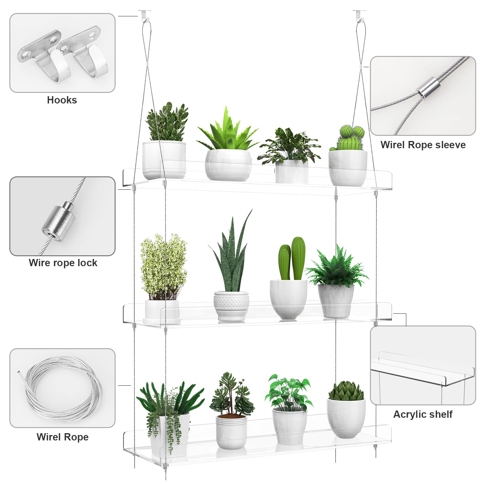 2-Tier Clear Acrylic Hanging Plant Shelf for Windows - 16 Inch per Tier - Perfect for Indoor Gardens, Kitchen Herb Display, Succulents, Flower Pots & Seedling Organization - Ideal for Small Space Gardening & Home Decor