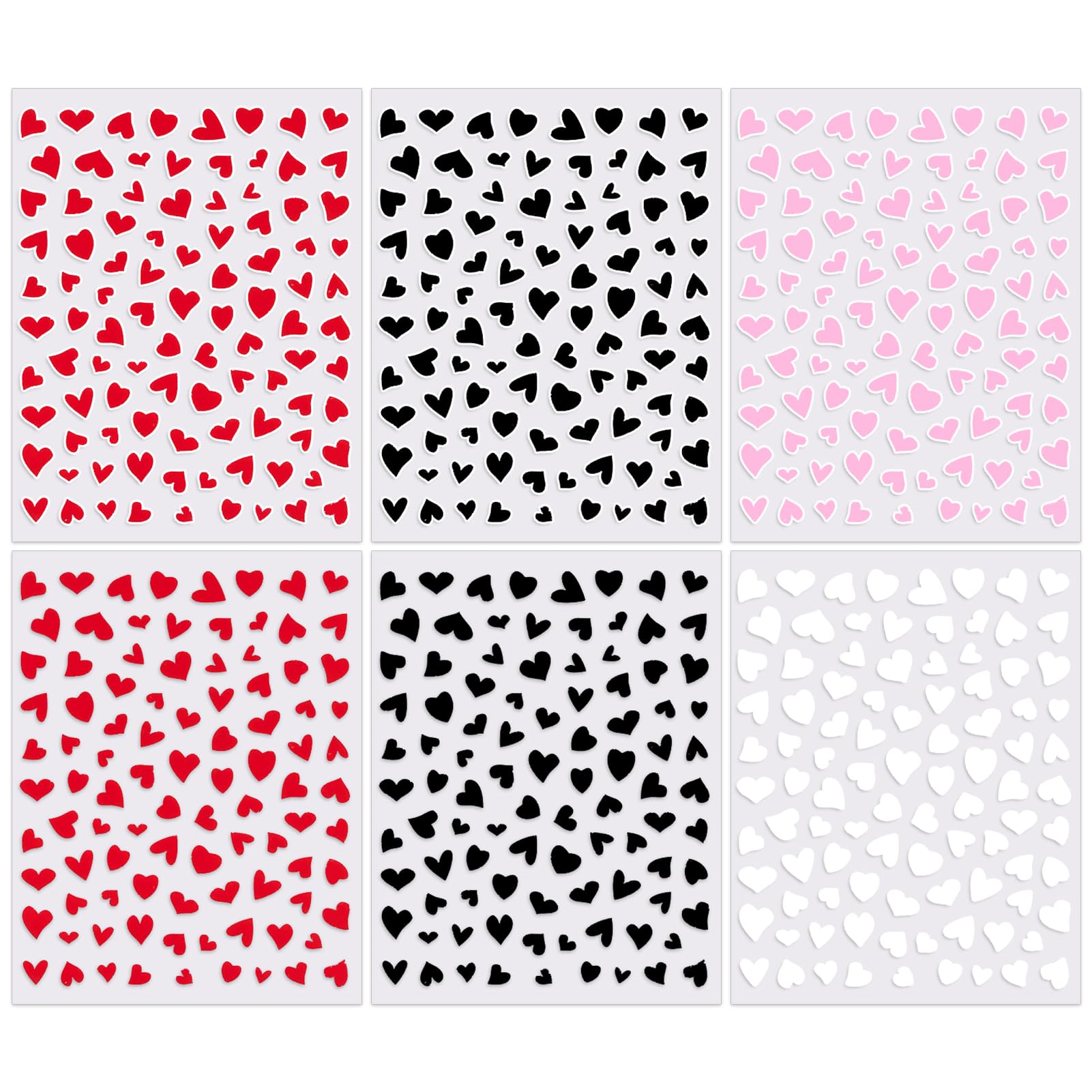 Valentine's Day Nail Art Stickers - Self-Adhesive 3D Heart Nail Decals in Black, White, Red & Pink for DIY Manicure | Perfect for Date Nights, Weddings & Romantic Occasions (6 Sheets)