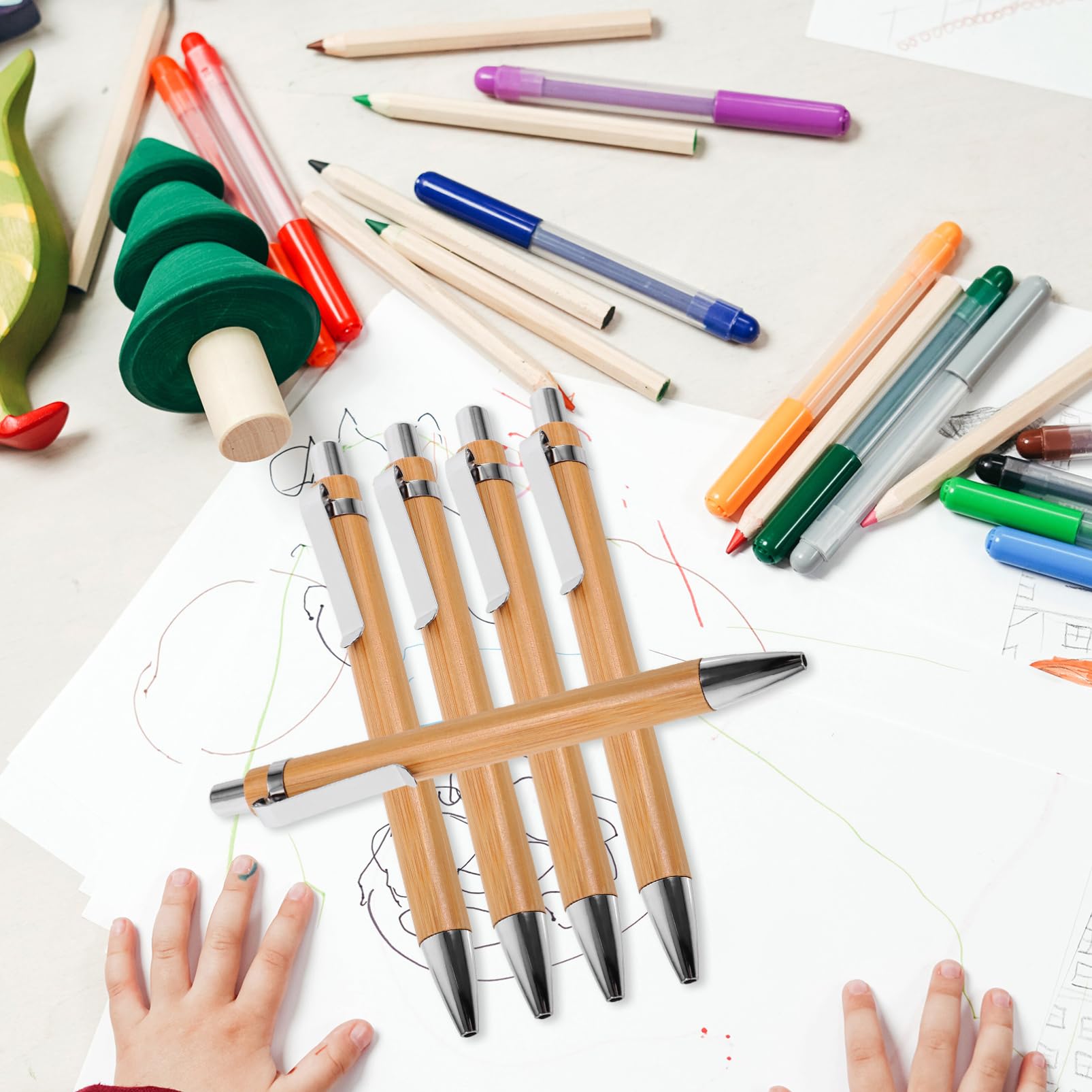 Premium Bamboo Ballpoint Pens - 5 Pack Retractable Smooth Writing Pens for School, Office & Journaling | Eco-Friendly Wooden Pens for Gifts, Note Taking & Everyday Use