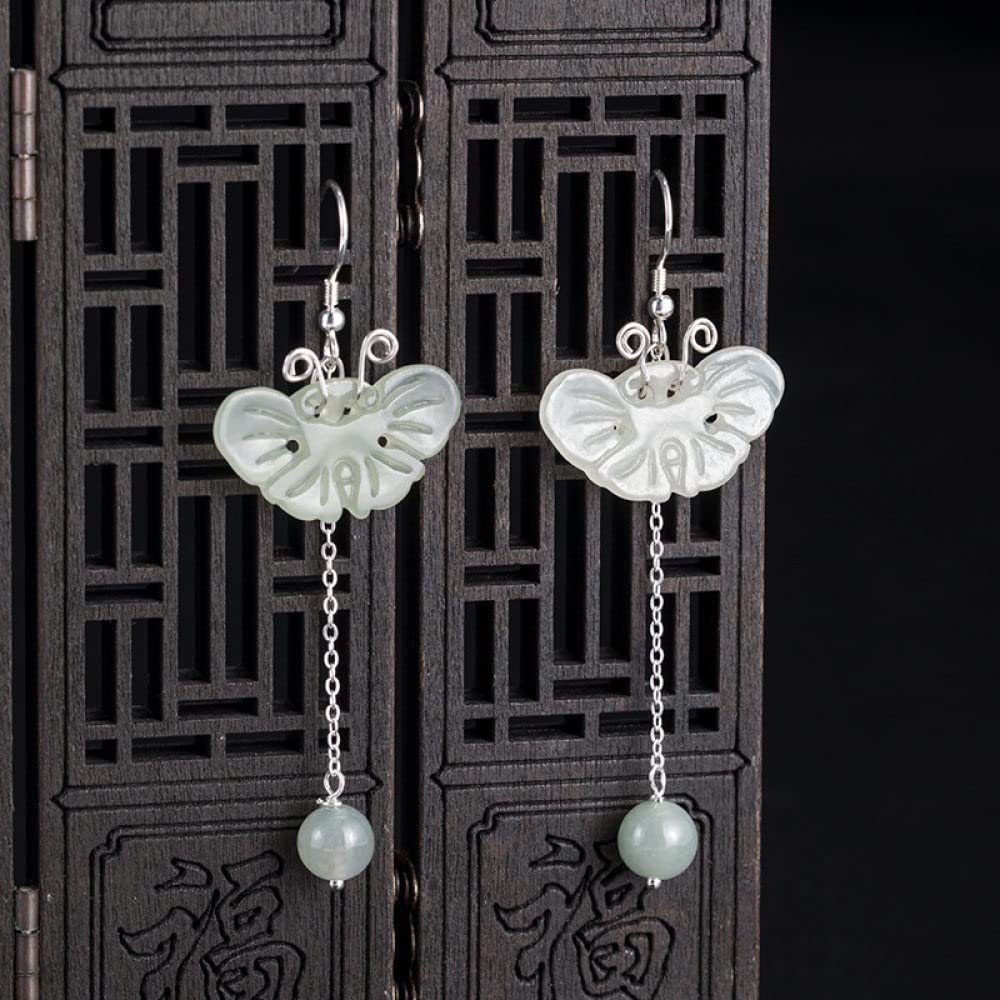925 Sterling Silver Long Dangle Earrings for Women - Vintage Butterfly Round Hetian Jade Beads with Tassel Chain, Elegant Hook Earrings (Gift Box Included) - Perfect for Weddings, Parties & Special Occasions