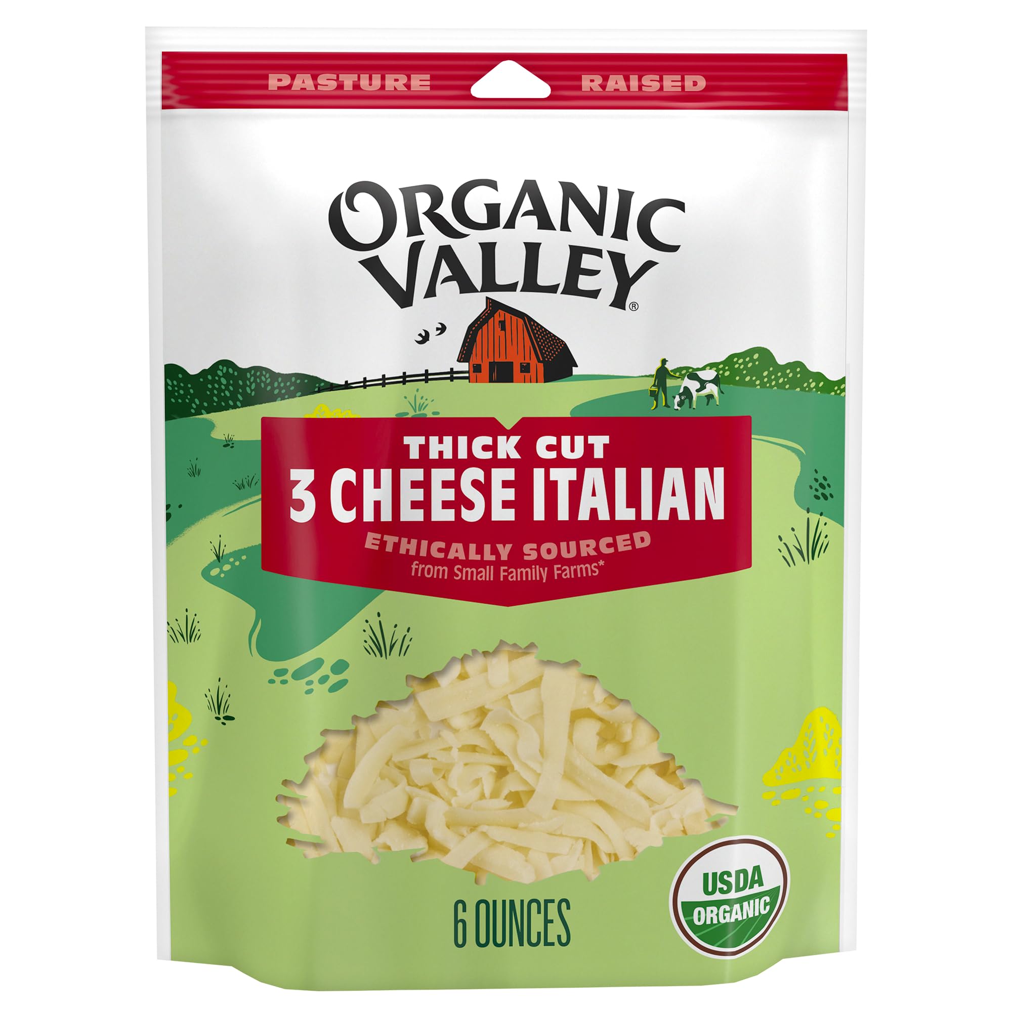 Organic Valley 3 Cheese Organic Thick Cut Shredded Italian Cheese Blend - Perfect for Pizza, Pasta & Italian Recipes | Gluten-Free, Non-GMO | Family Size 16oz Bag