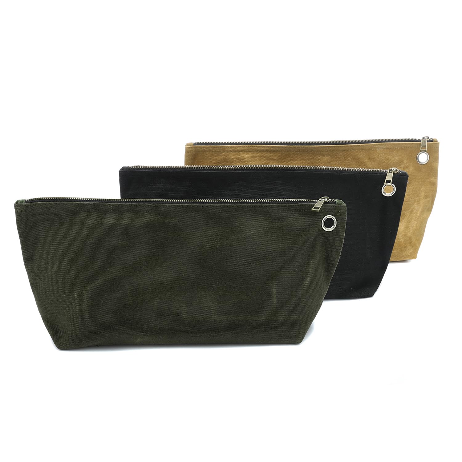 Durable 16OZ Waxed Canvas Tool Pouch Set - Standable One-Piece Tool Organizer with Brass Zipper & Grommet (3 Colors, Large 15.5