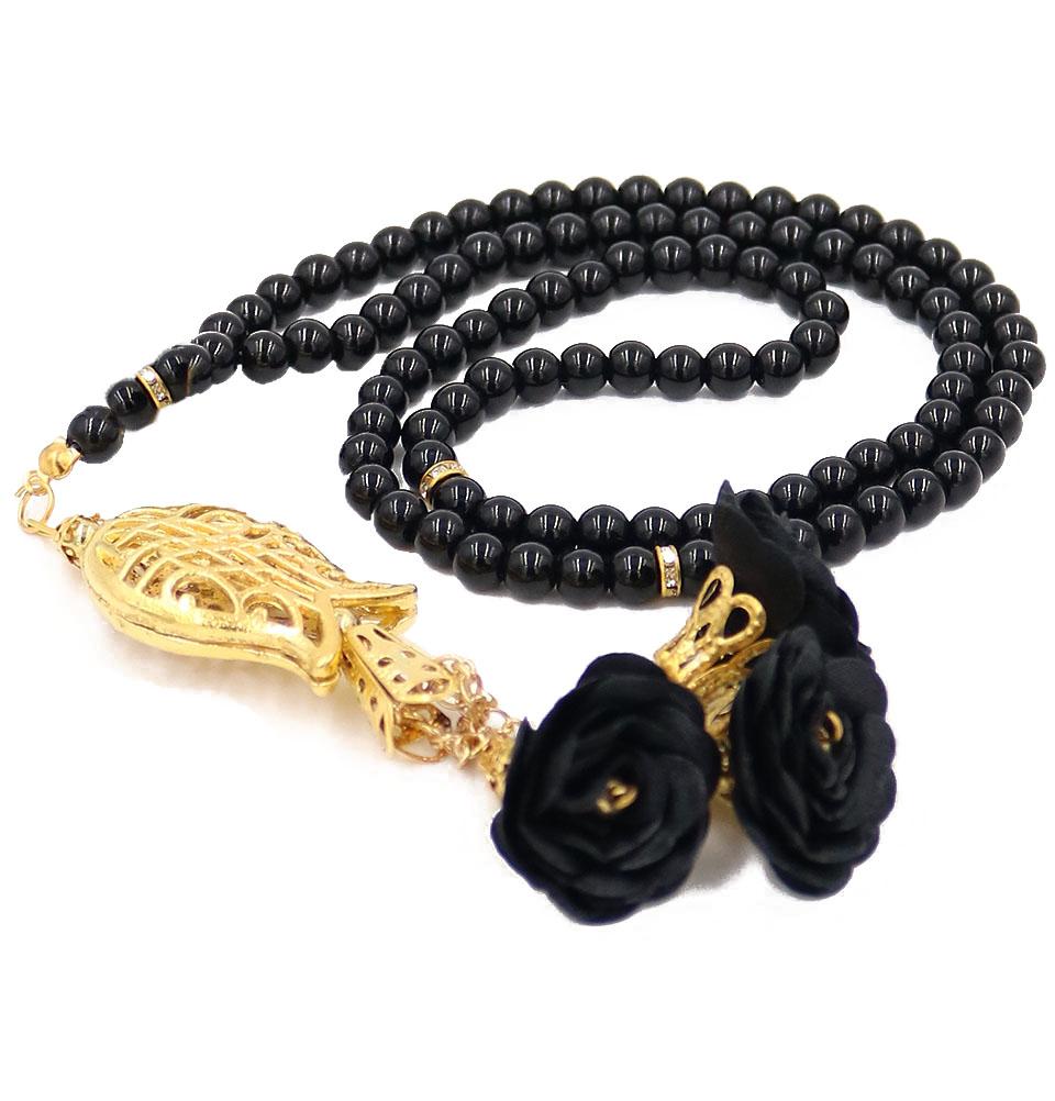 Islamic Tesbih - 99 Count Acrylic Pearl Prayer Beads with Rose & Tulip Tassel - Black | Perfect for Muslim Prayer, Meditation & Stress Relief