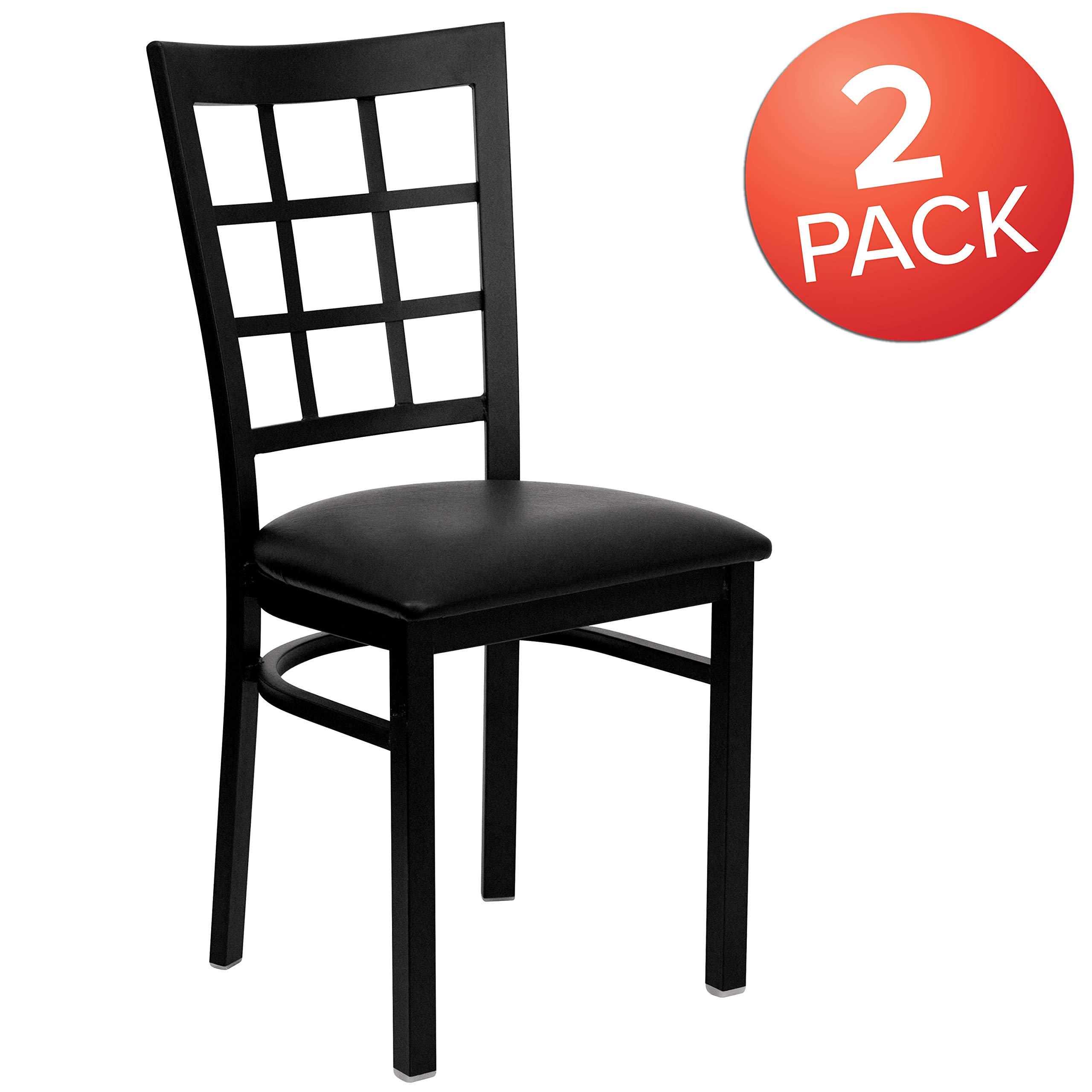 2 Pack Black Metal Restaurant Chairs with Vinyl Upholstery - Heavy Duty Commercial Dining Chairs for Cafes, Diners & Kitchen Counter Seating